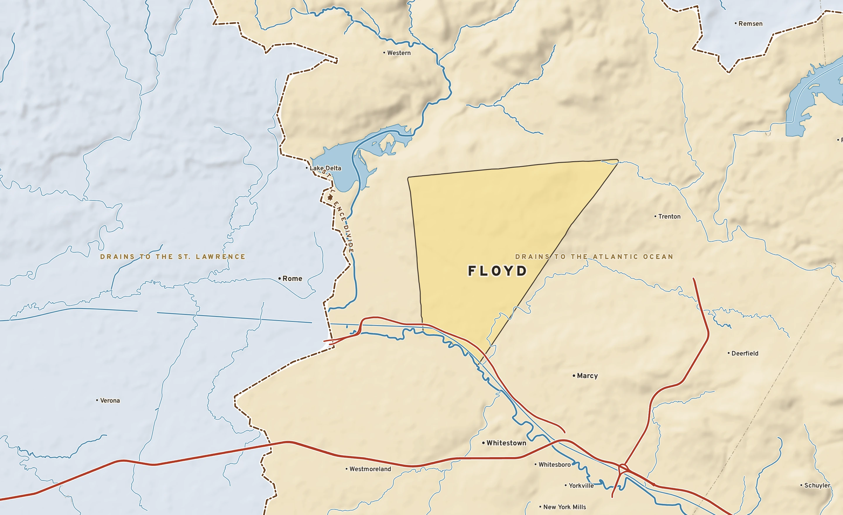 Shaded-relief atlas plate of Floyd, New York: rivers, roads, the city limits and where the water drains.