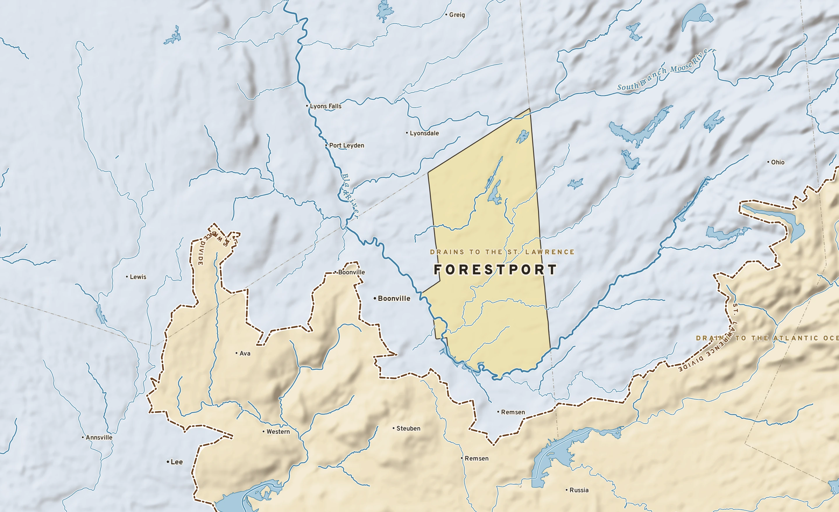 Shaded-relief atlas plate of Forestport, New York: rivers, roads, the city limits and where the water drains.