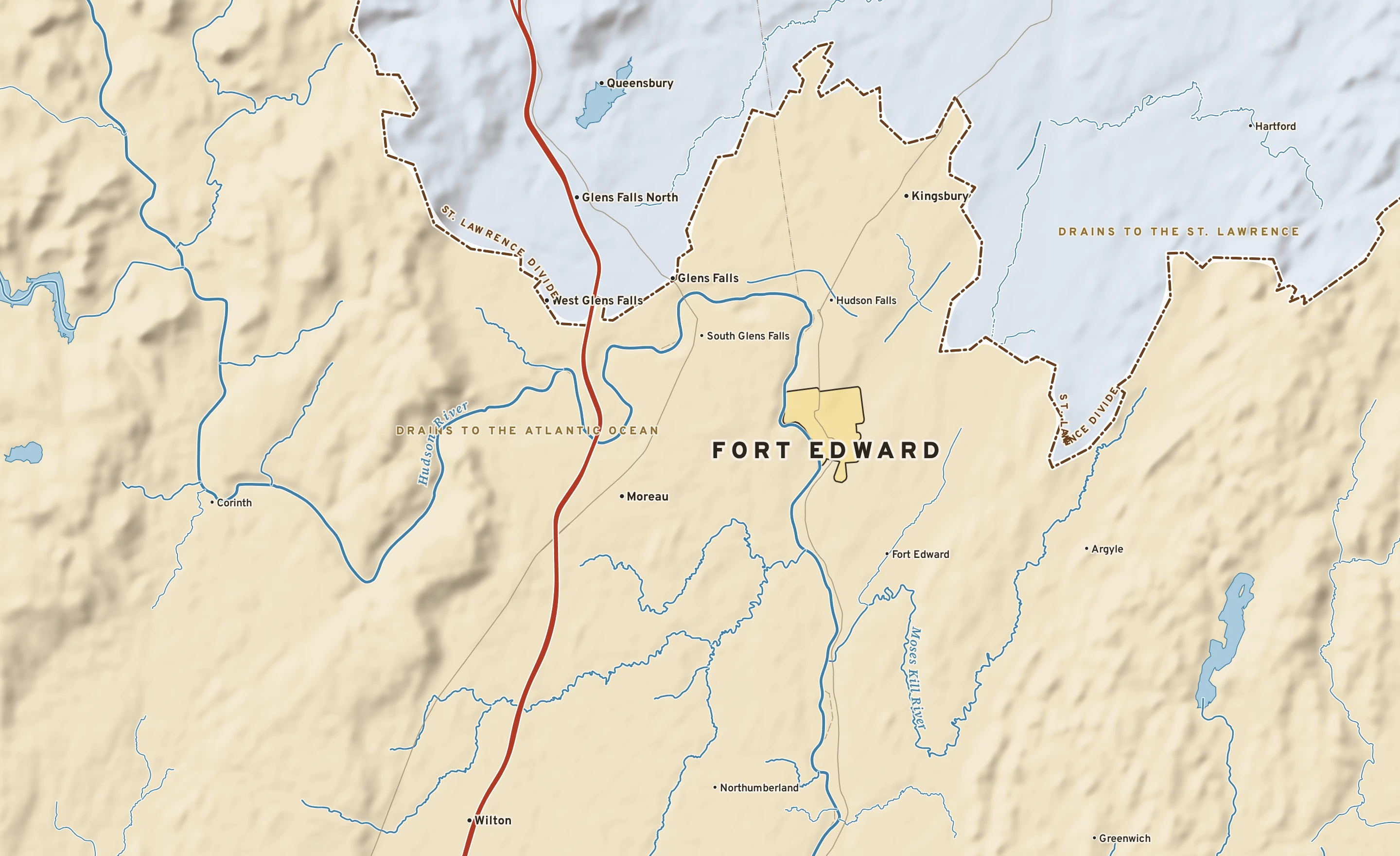 Shaded-relief atlas plate of Fort Edward, New York: rivers, roads, the city limits and where the water drains.