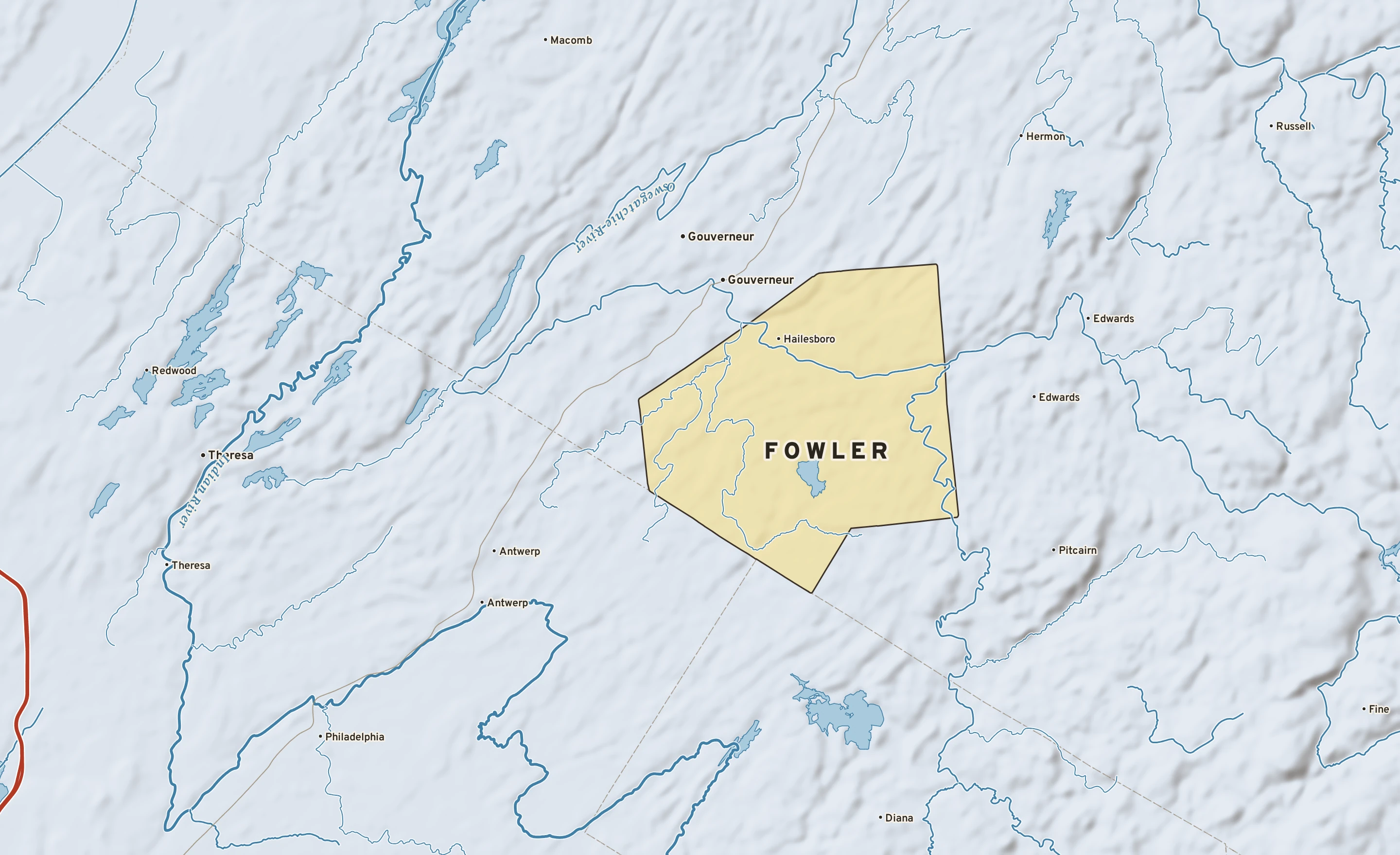 Shaded-relief atlas plate of Fowler, New York: rivers, roads, the city limits and where the water drains.