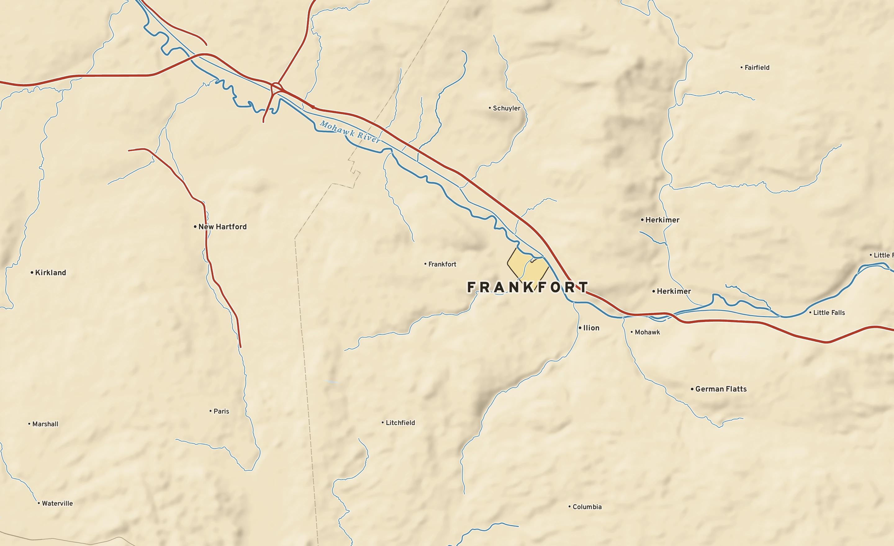 Shaded-relief atlas plate of Frankfort, New York: rivers, roads, the city limits and where the water drains.