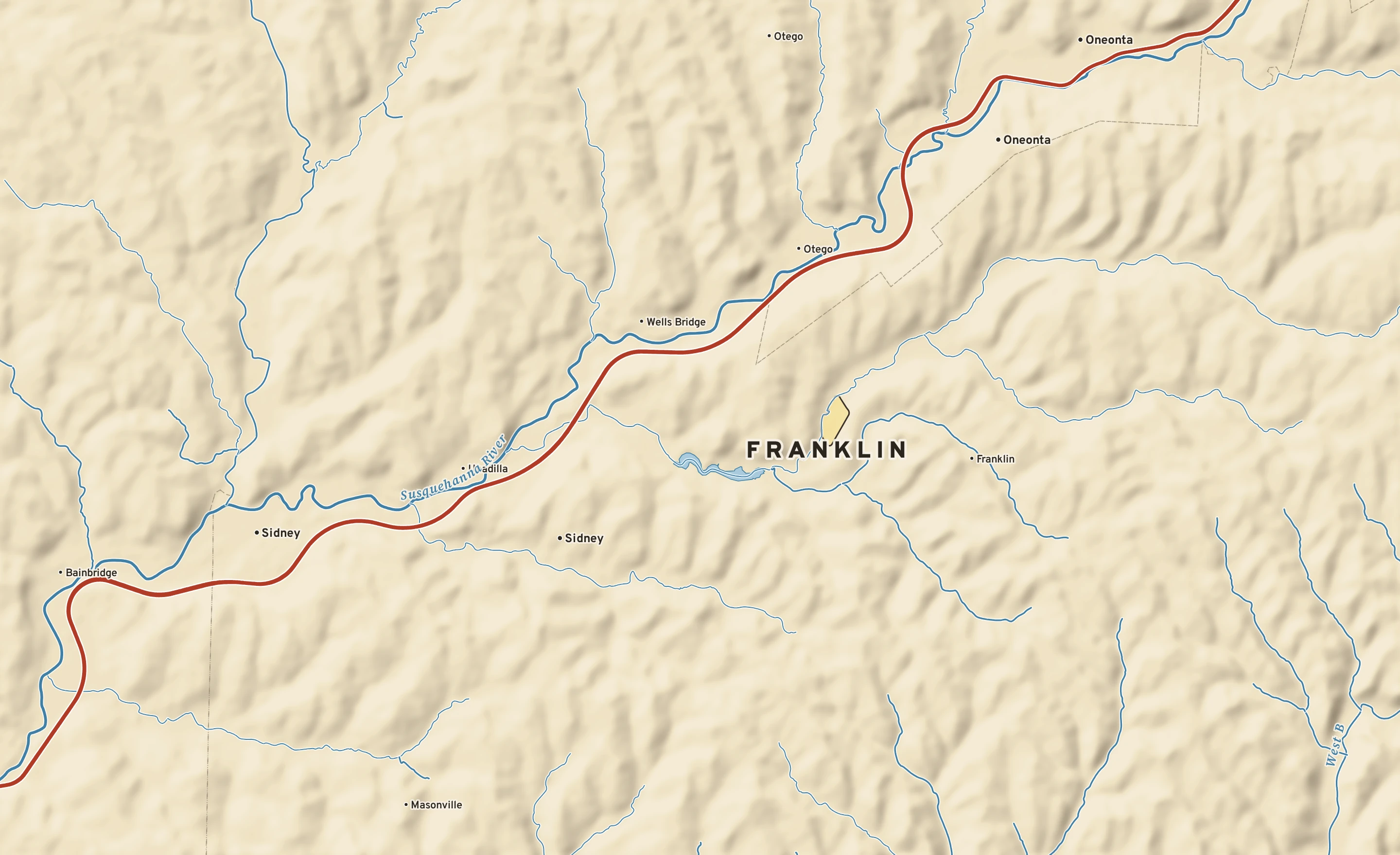 Shaded-relief atlas plate of Franklin, New York: rivers, roads, the city limits and where the water drains.