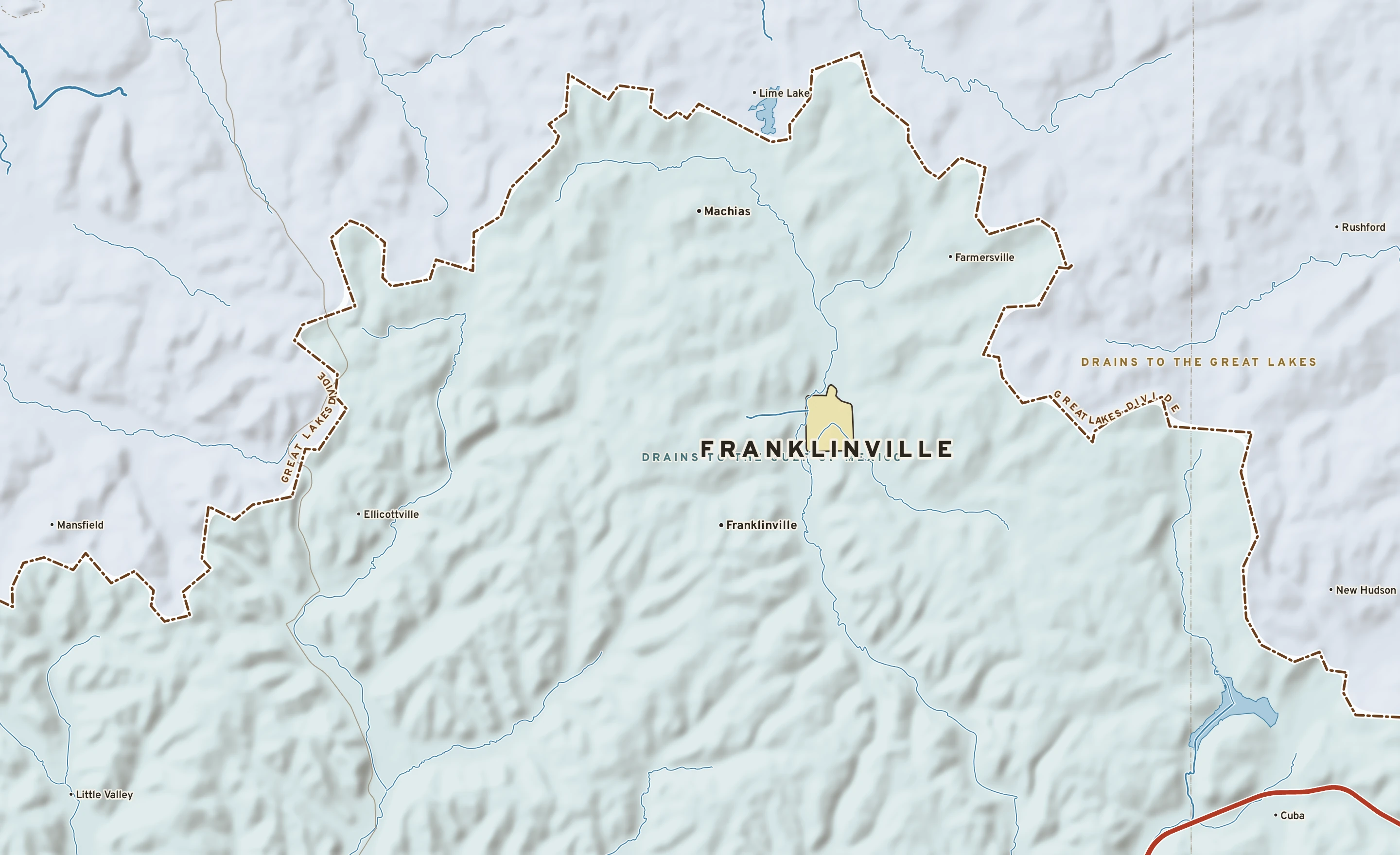 Shaded-relief atlas plate of Franklinville, New York: rivers, roads, the city limits and where the water drains.