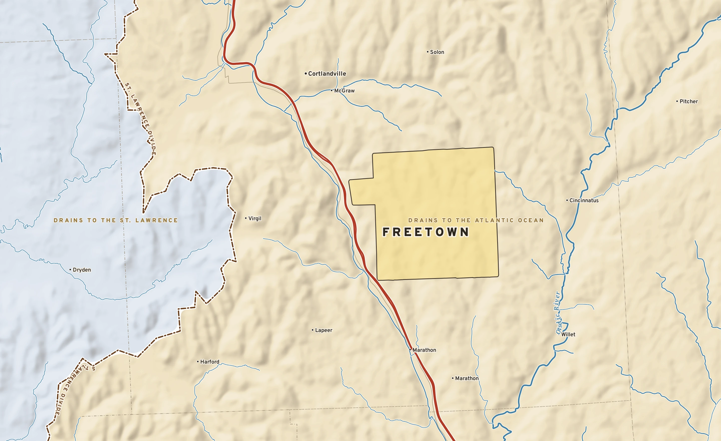 Shaded-relief atlas plate of Freetown, New York: rivers, roads, the city limits and where the water drains.