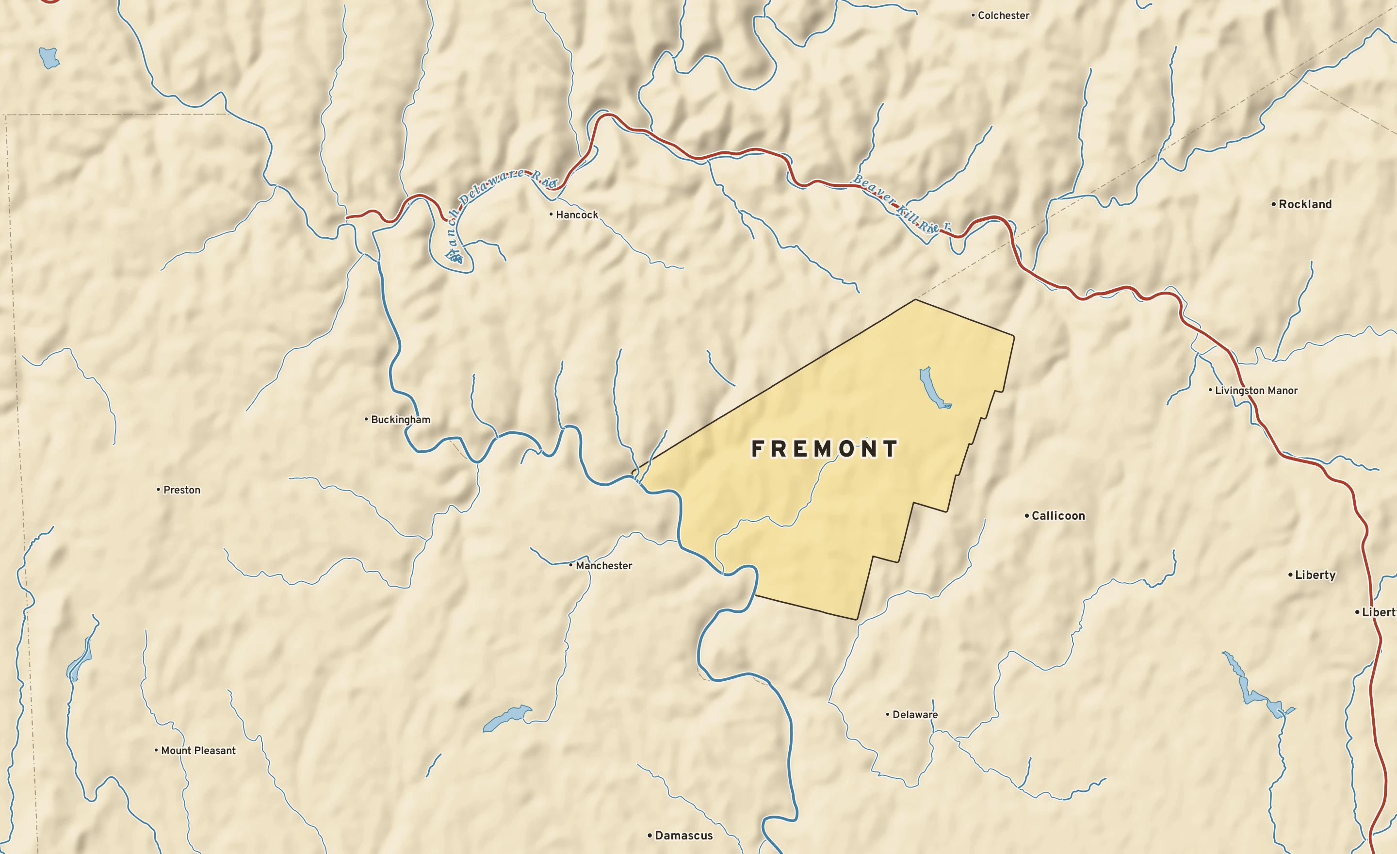 Shaded-relief atlas plate of Fremont, New York: rivers, roads, the city limits and where the water drains.