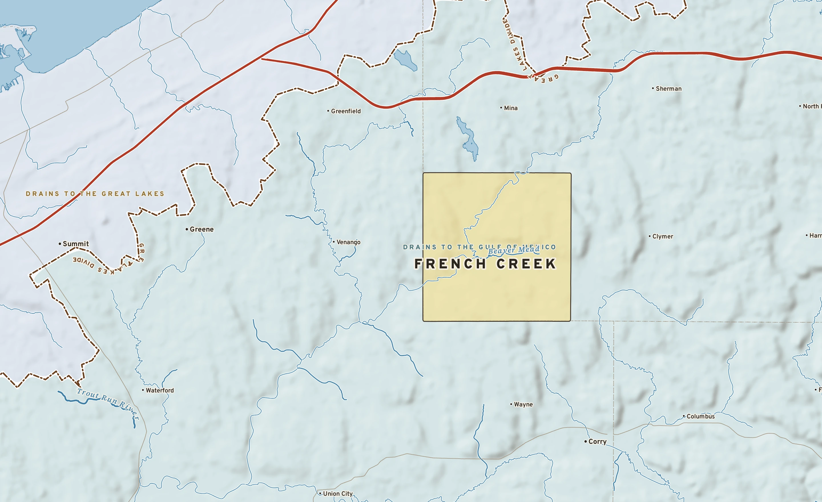 Shaded-relief atlas plate of French Creek, New York: rivers, roads, the city limits and where the water drains.