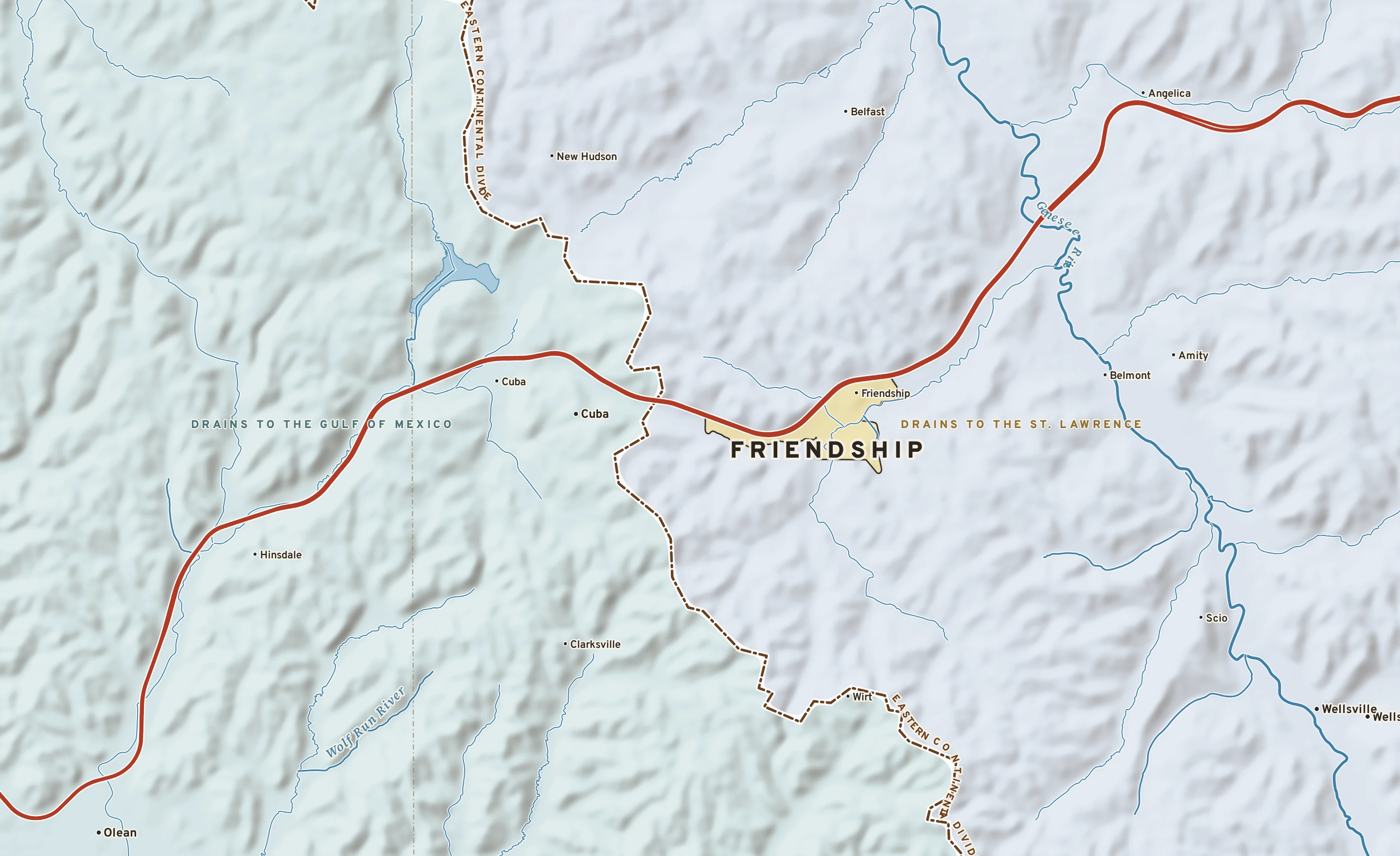 Shaded-relief atlas plate of Friendship, New York: rivers, roads, the city limits and where the water drains.