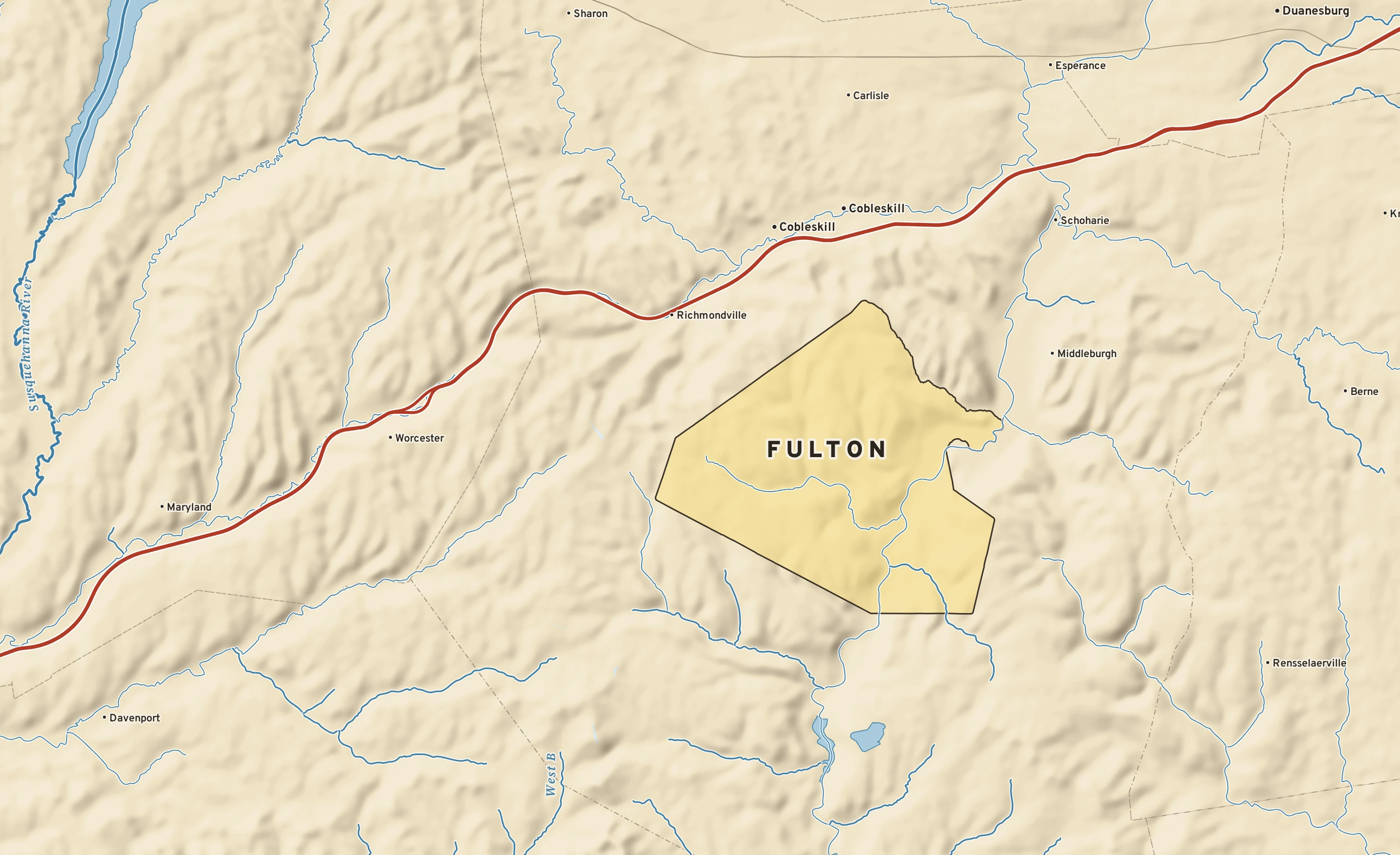 Shaded-relief atlas plate of Fulton, New York: rivers, roads, the city limits and where the water drains.