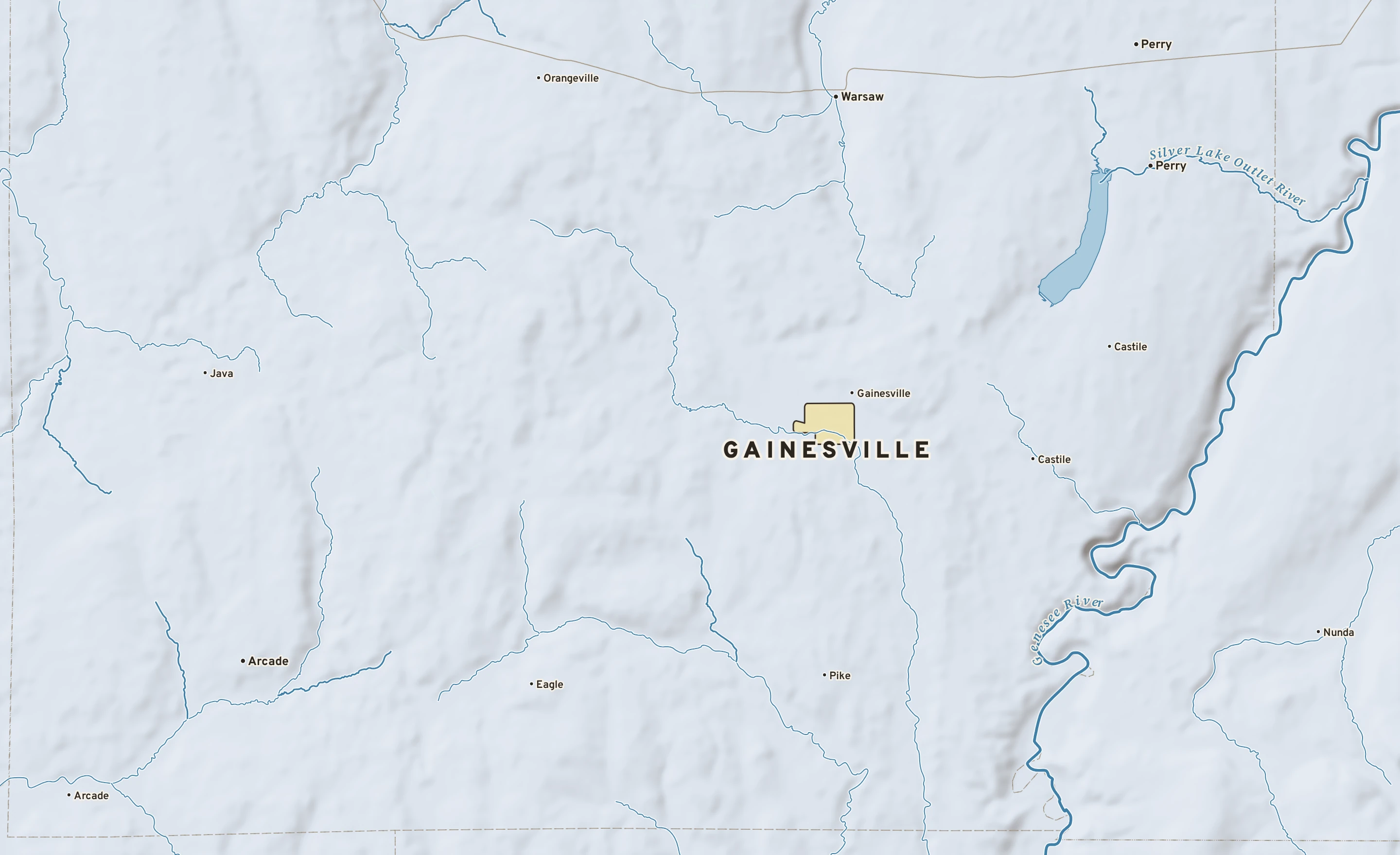 Shaded-relief atlas plate of Gainesville, New York: rivers, roads, the city limits and where the water drains.