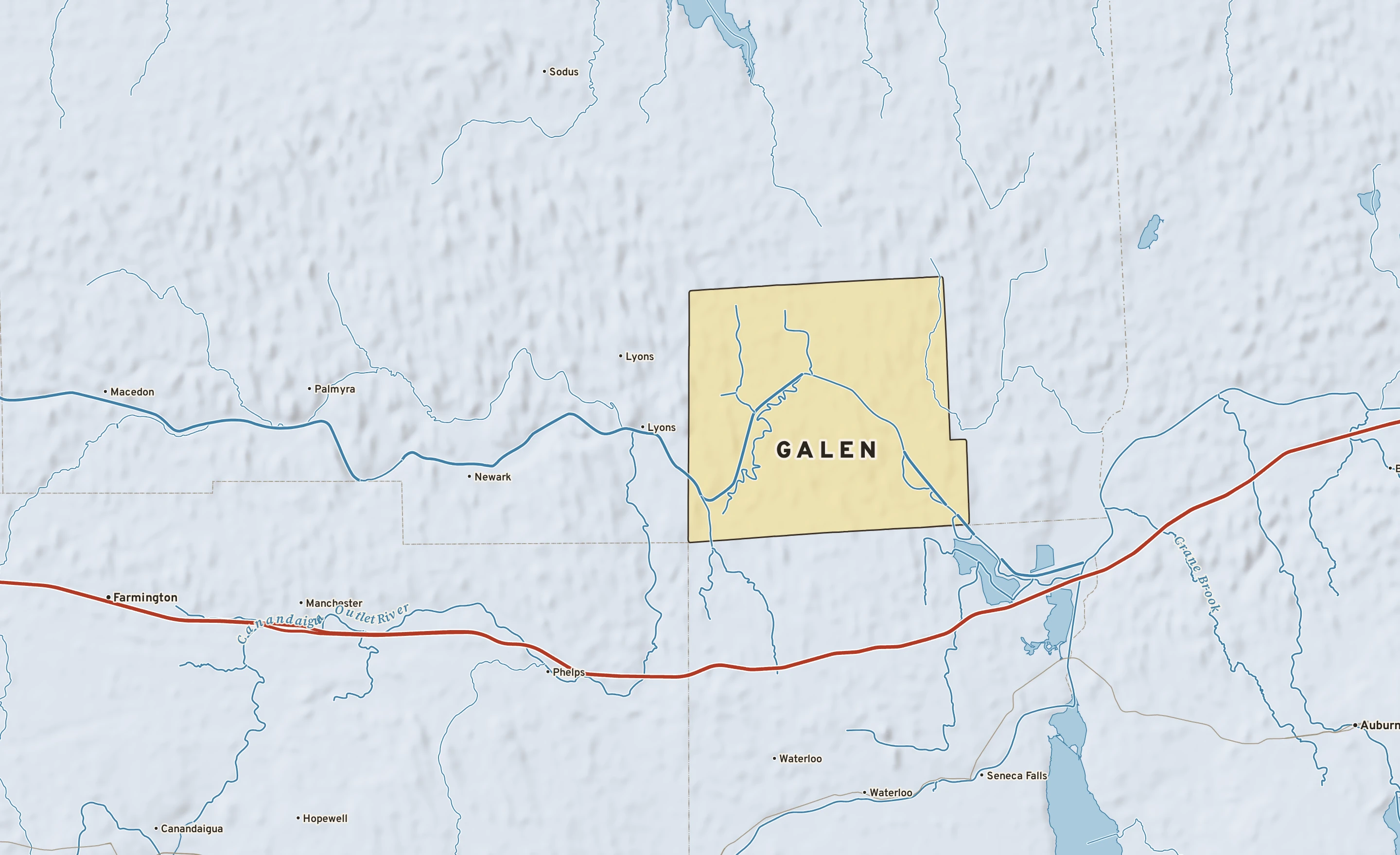 Shaded-relief atlas plate of Galen, New York: rivers, roads, the city limits and where the water drains.