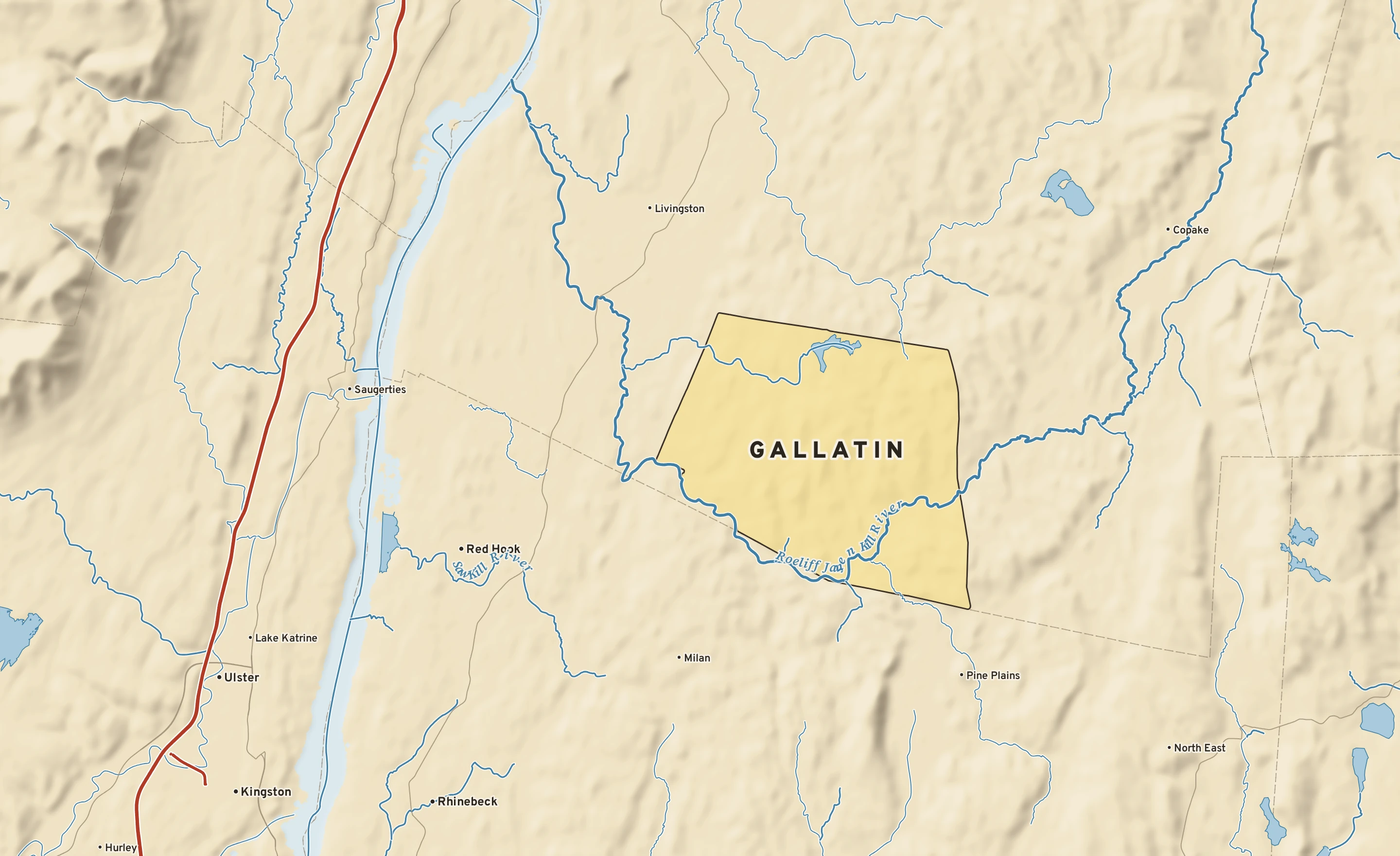 Shaded-relief atlas plate of Gallatin, New York: rivers, roads, the city limits and where the water drains.