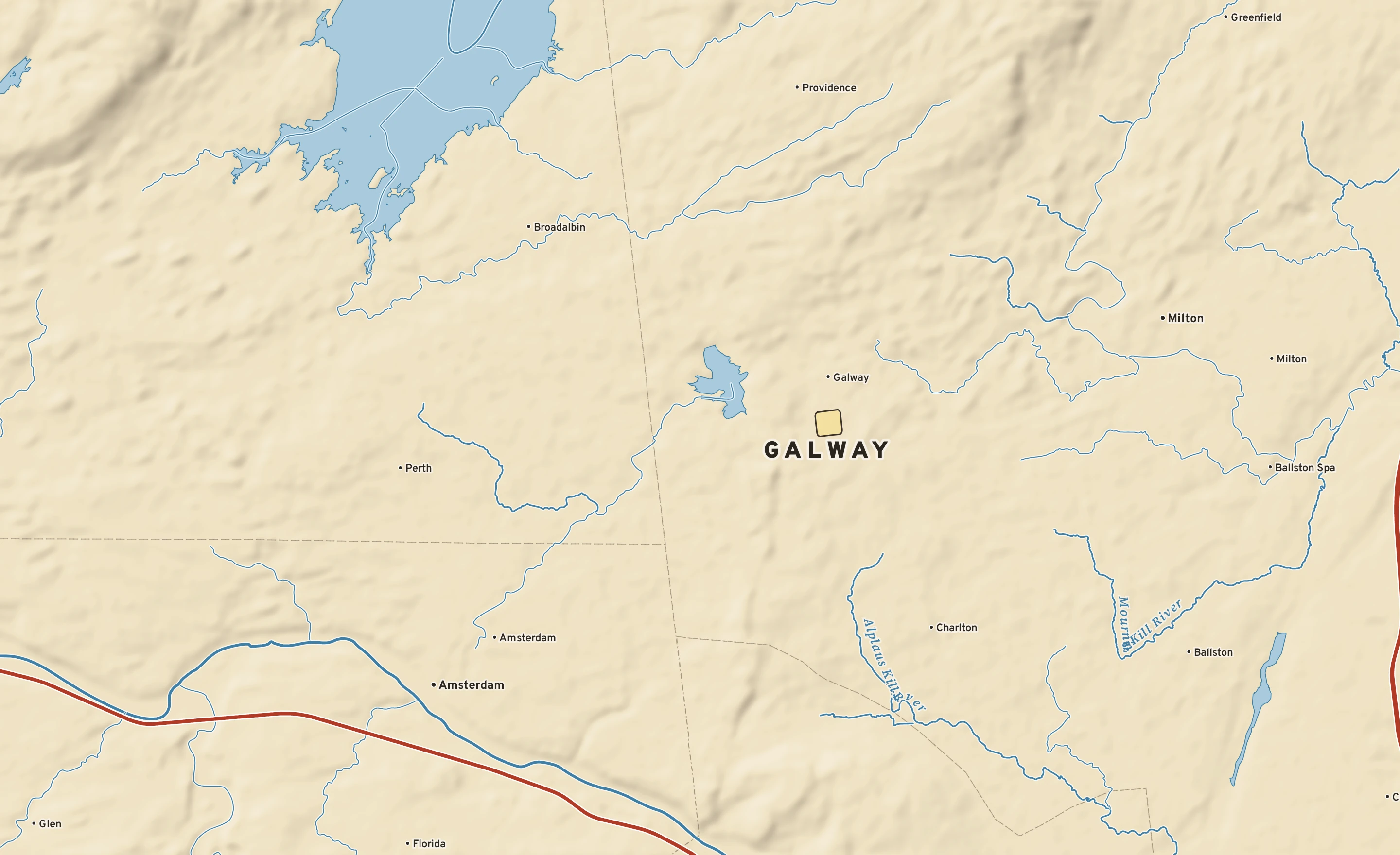 Shaded-relief atlas plate of Galway, New York: rivers, roads, the city limits and where the water drains.