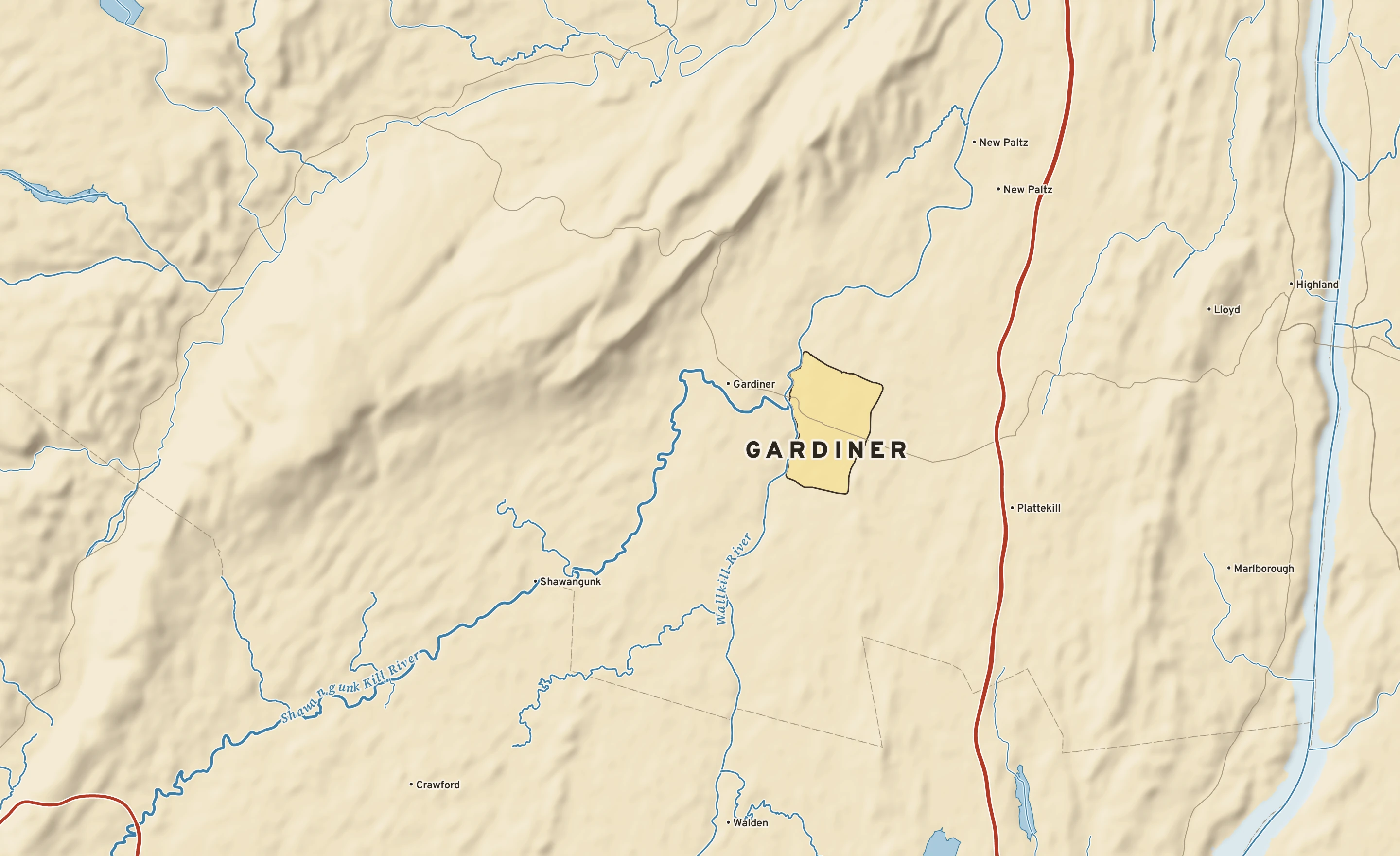 Shaded-relief atlas plate of Gardiner, New York: rivers, roads, the city limits and where the water drains.