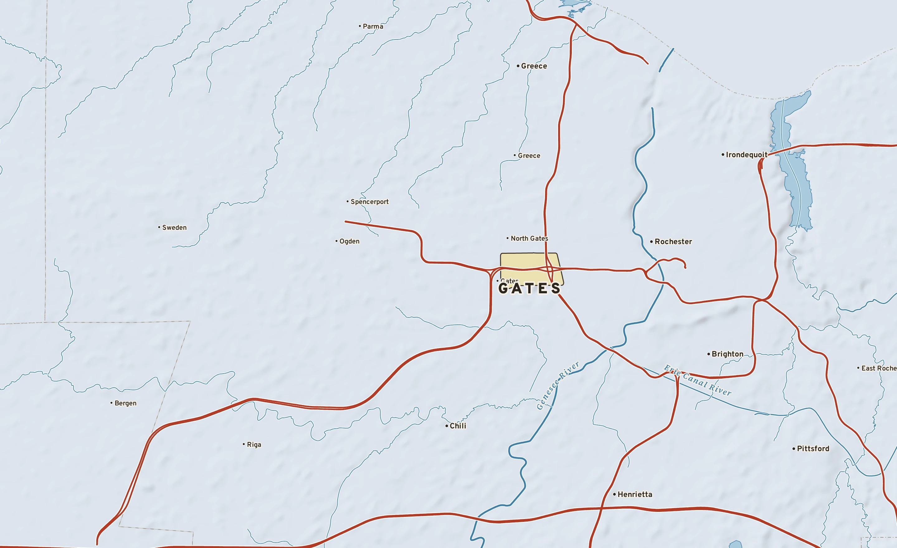 Shaded-relief atlas plate of Gates, New York: rivers, roads, the city limits and where the water drains.