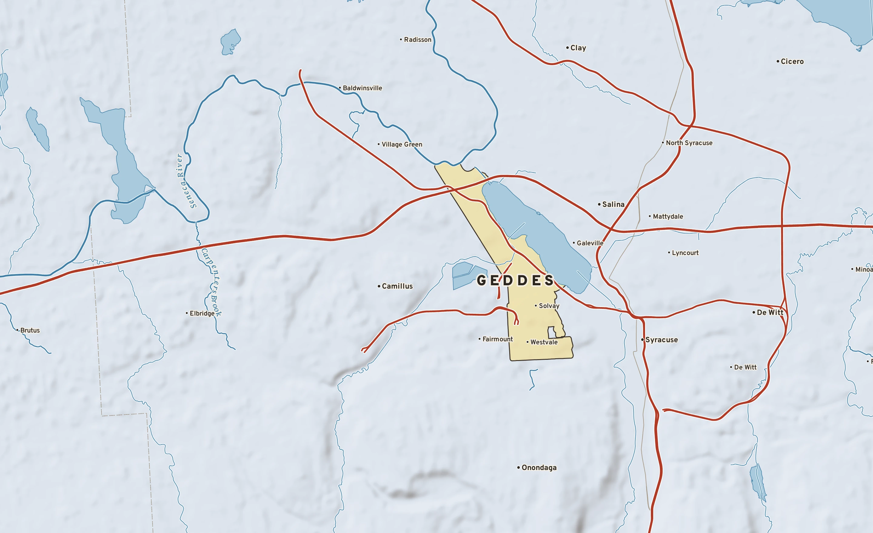 Shaded-relief atlas plate of Geddes, New York: rivers, roads, the city limits and where the water drains.