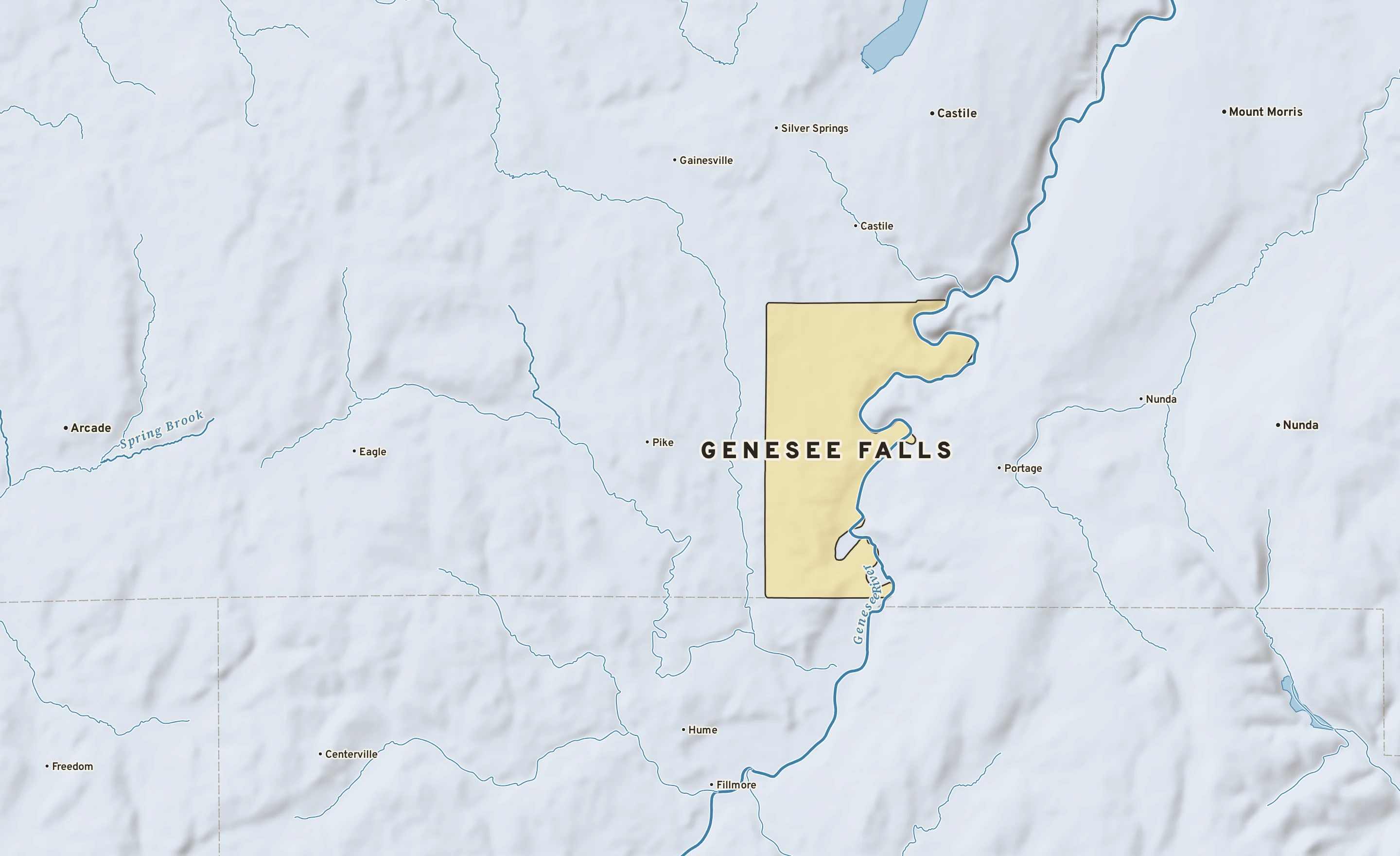 Shaded-relief atlas plate of Genesee Falls, New York: rivers, roads, the city limits and where the water drains.