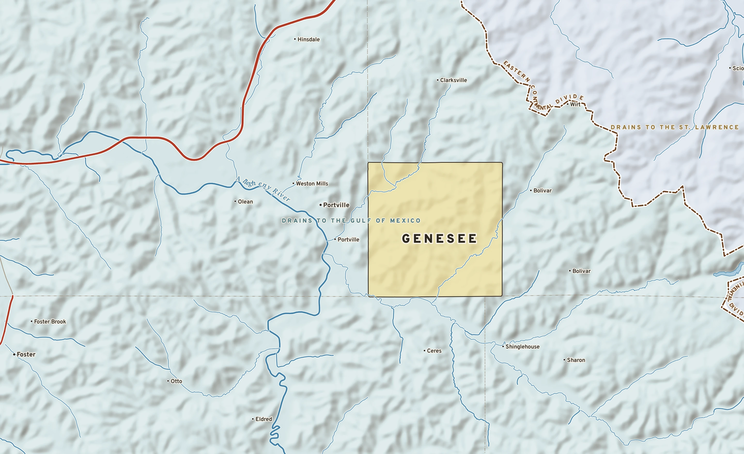 Shaded-relief atlas plate of Genesee, New York: rivers, roads, the city limits and where the water drains.