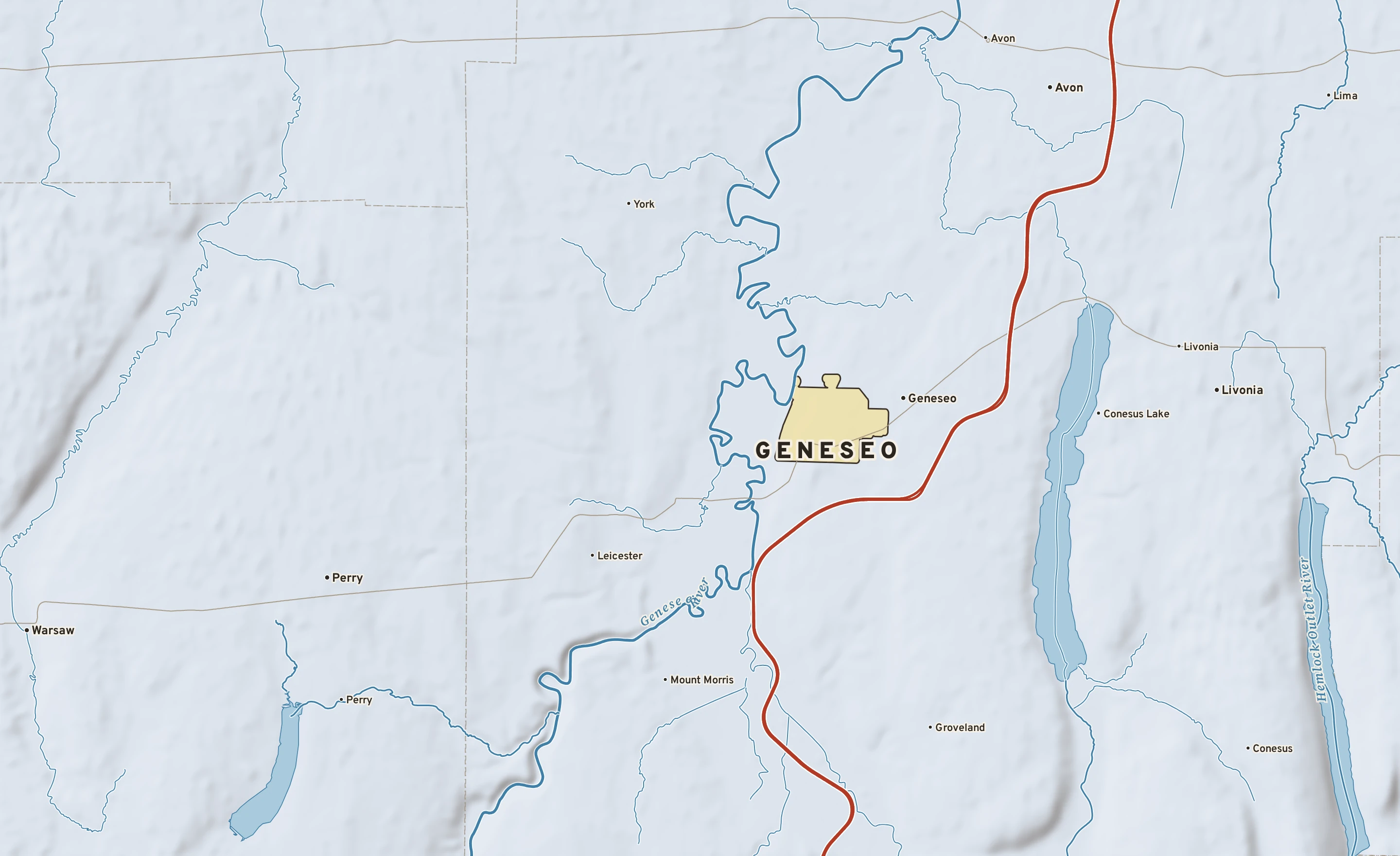 Shaded-relief atlas plate of Geneseo, New York: rivers, roads, the city limits and where the water drains.
