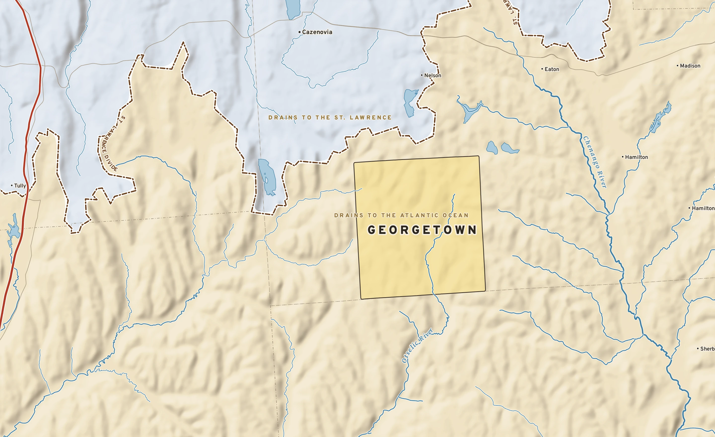 Shaded-relief atlas plate of Georgetown, New York: rivers, roads, the city limits and where the water drains.