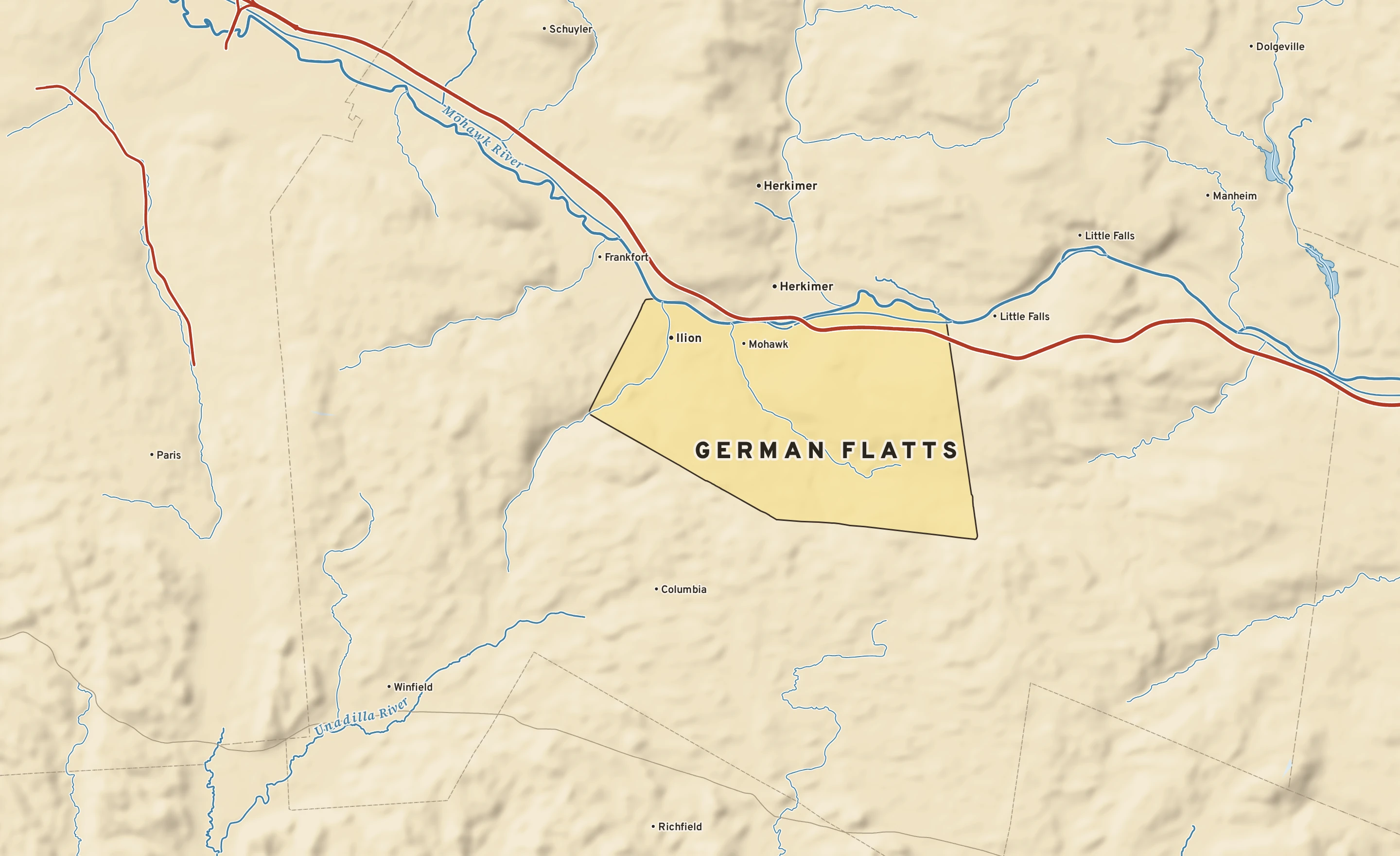 Shaded-relief atlas plate of German Flatts, New York: rivers, roads, the city limits and where the water drains.