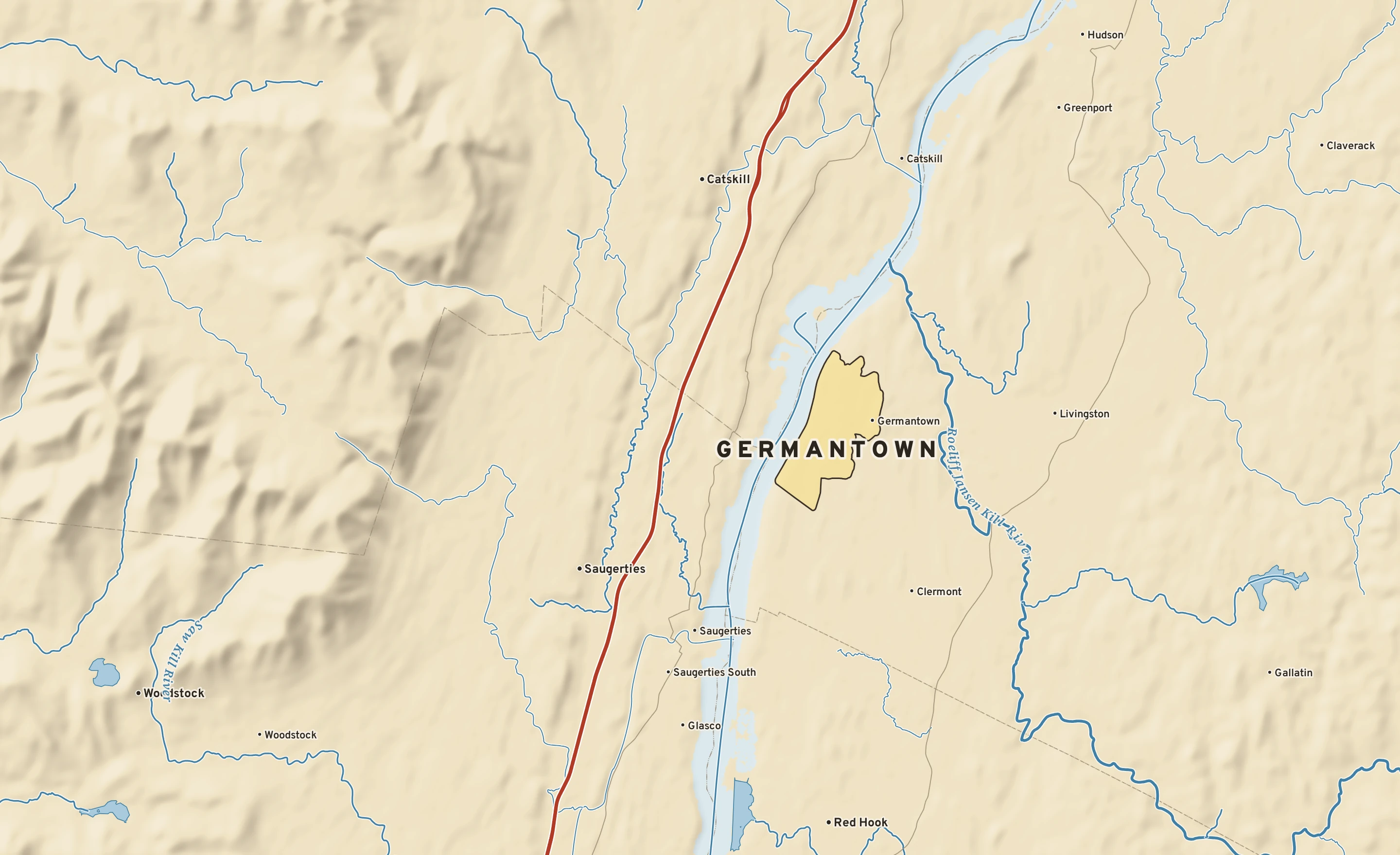 Shaded-relief atlas plate of Germantown, New York: rivers, roads, the city limits and where the water drains.