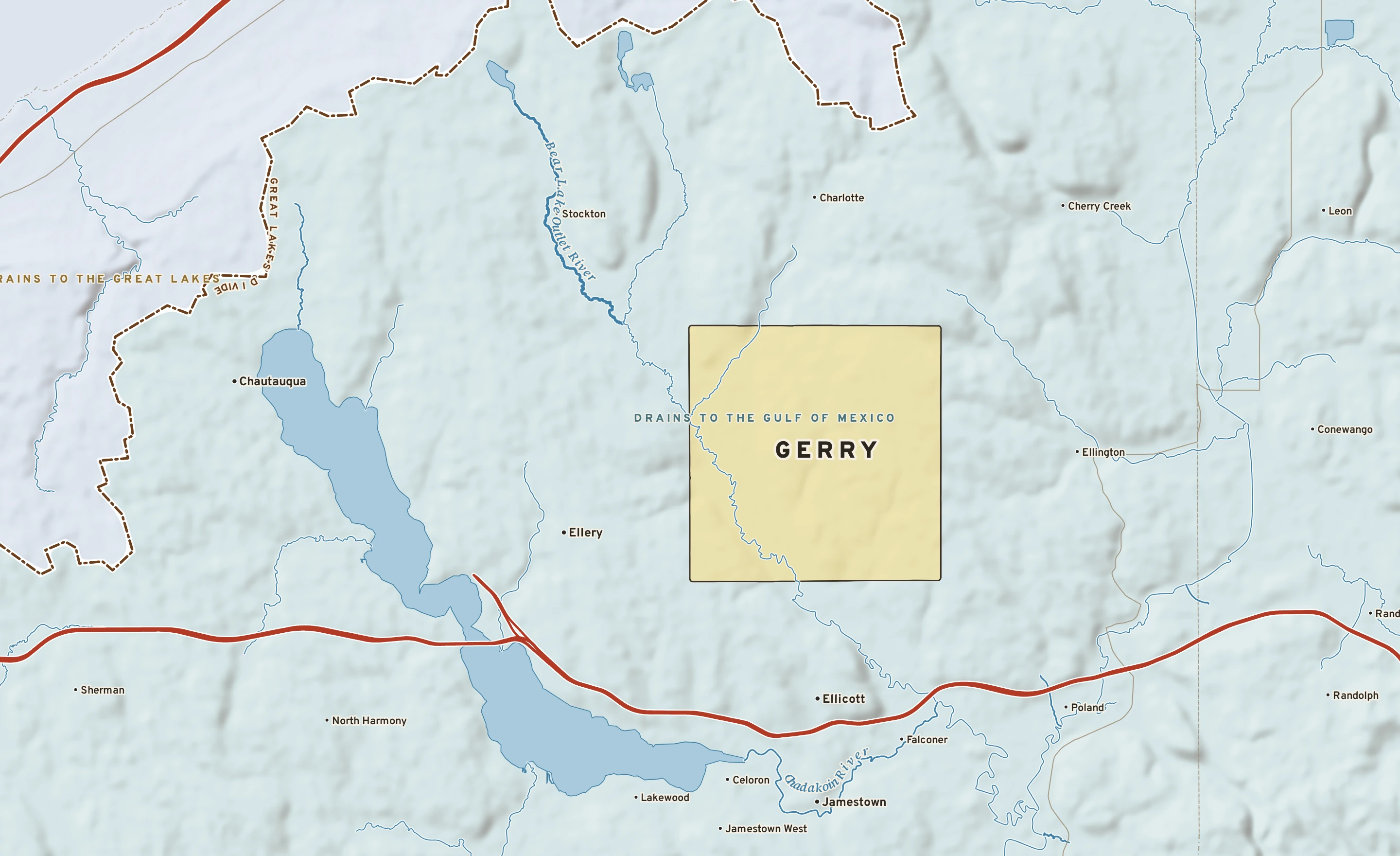 Shaded-relief atlas plate of Gerry, New York: rivers, roads, the city limits and where the water drains.