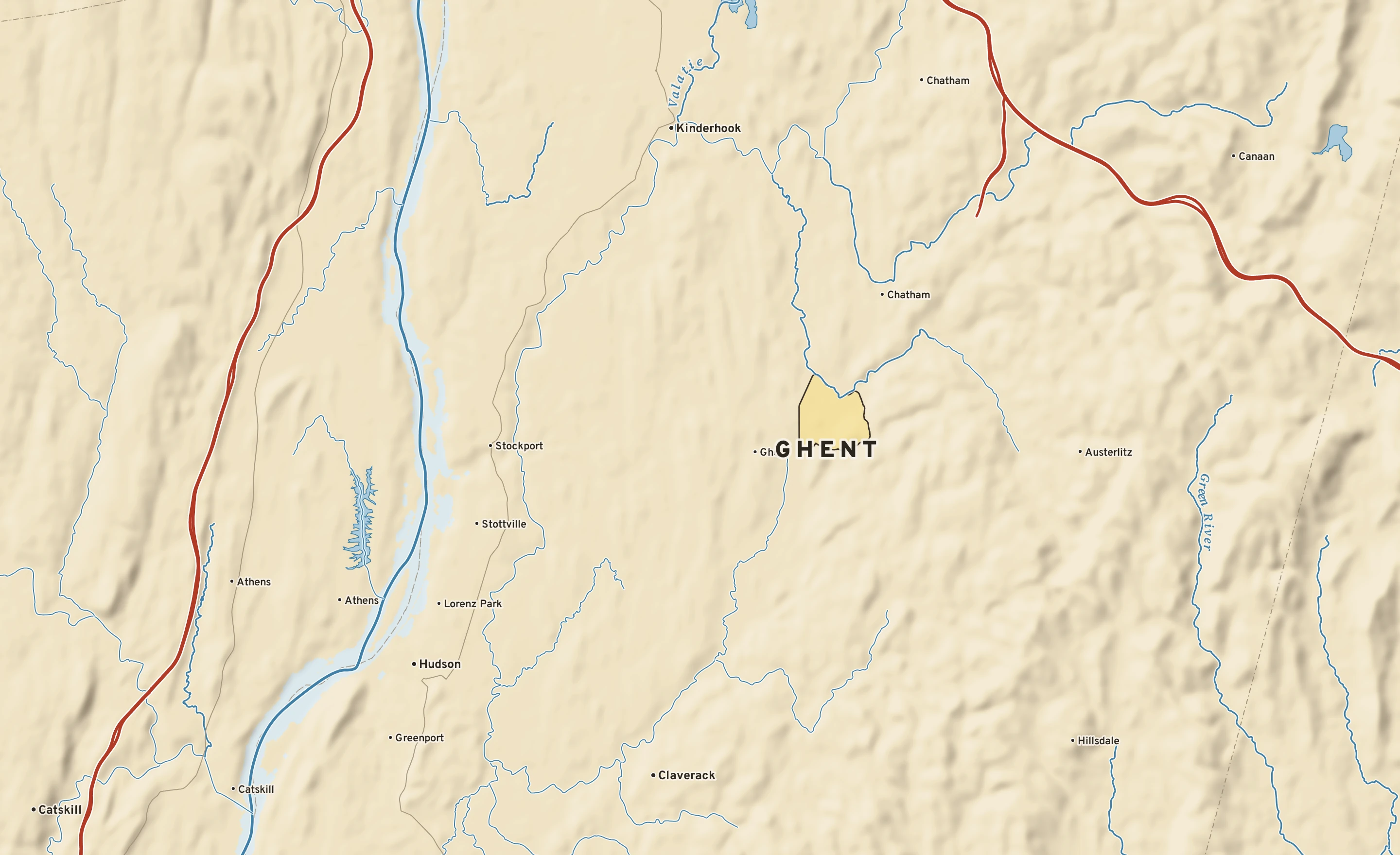 Shaded-relief atlas plate of Ghent, New York: rivers, roads, the city limits and where the water drains.