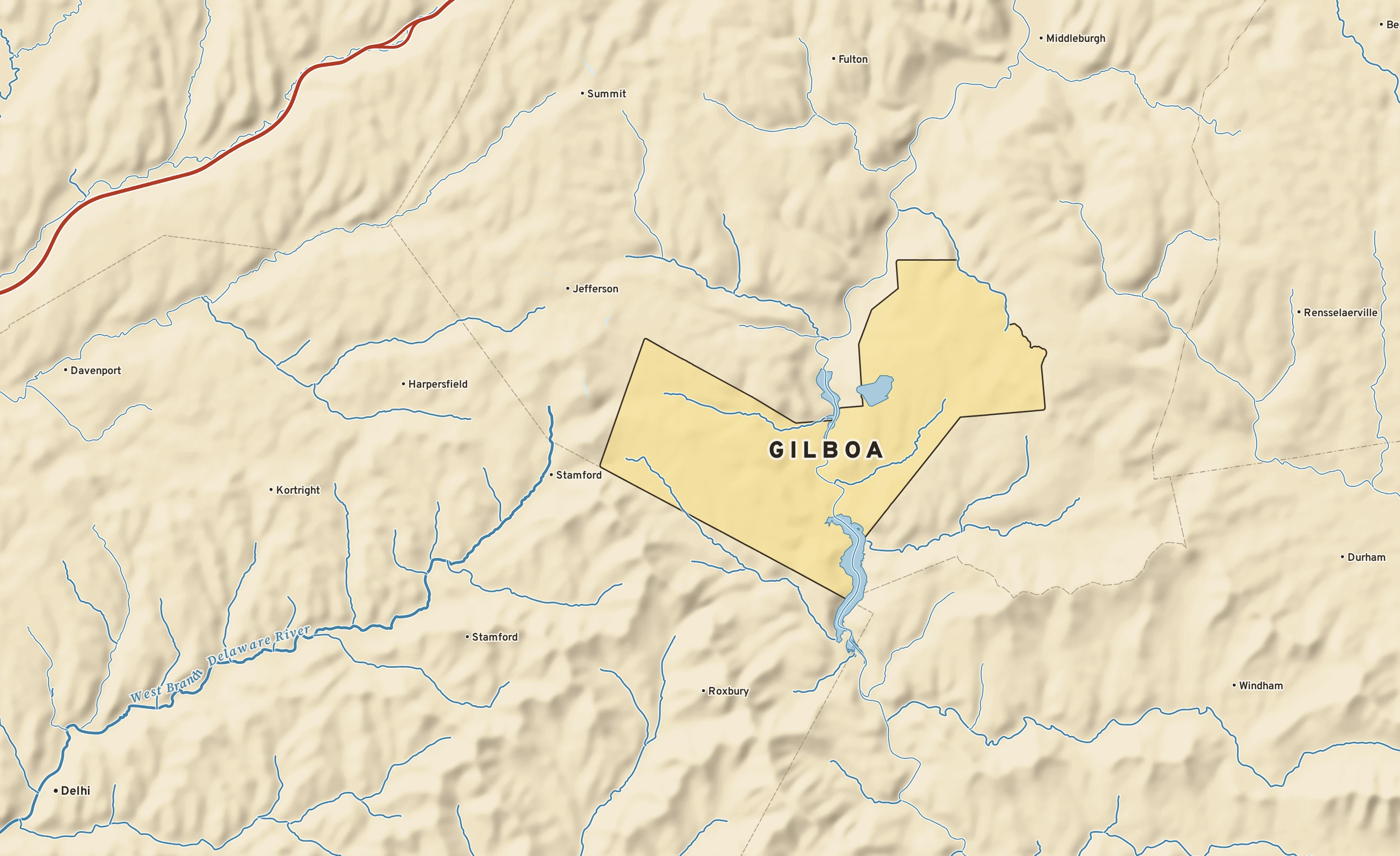 Shaded-relief atlas plate of Gilboa, New York: rivers, roads, the city limits and where the water drains.