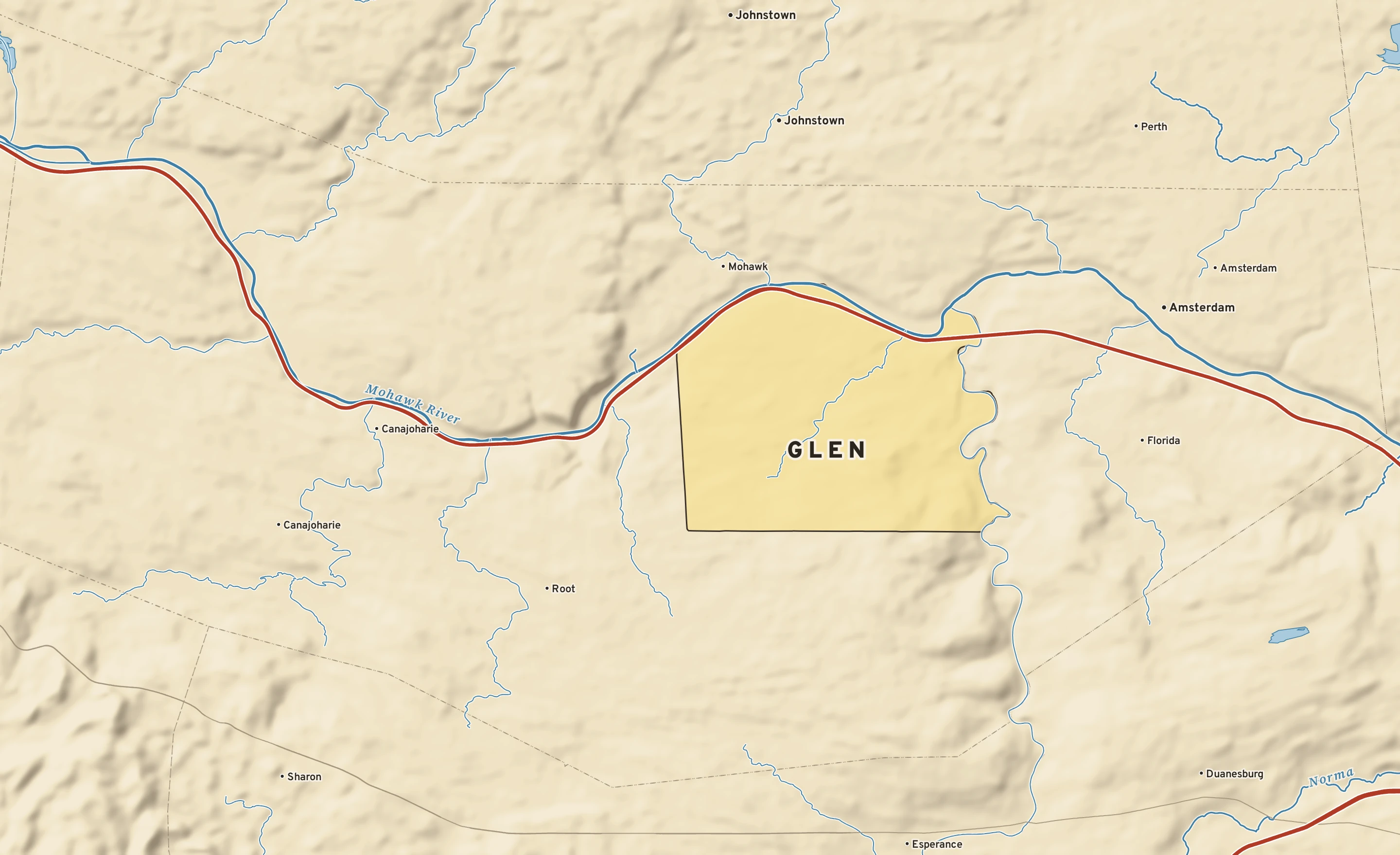 Shaded-relief atlas plate of Glen, New York: rivers, roads, the city limits and where the water drains.