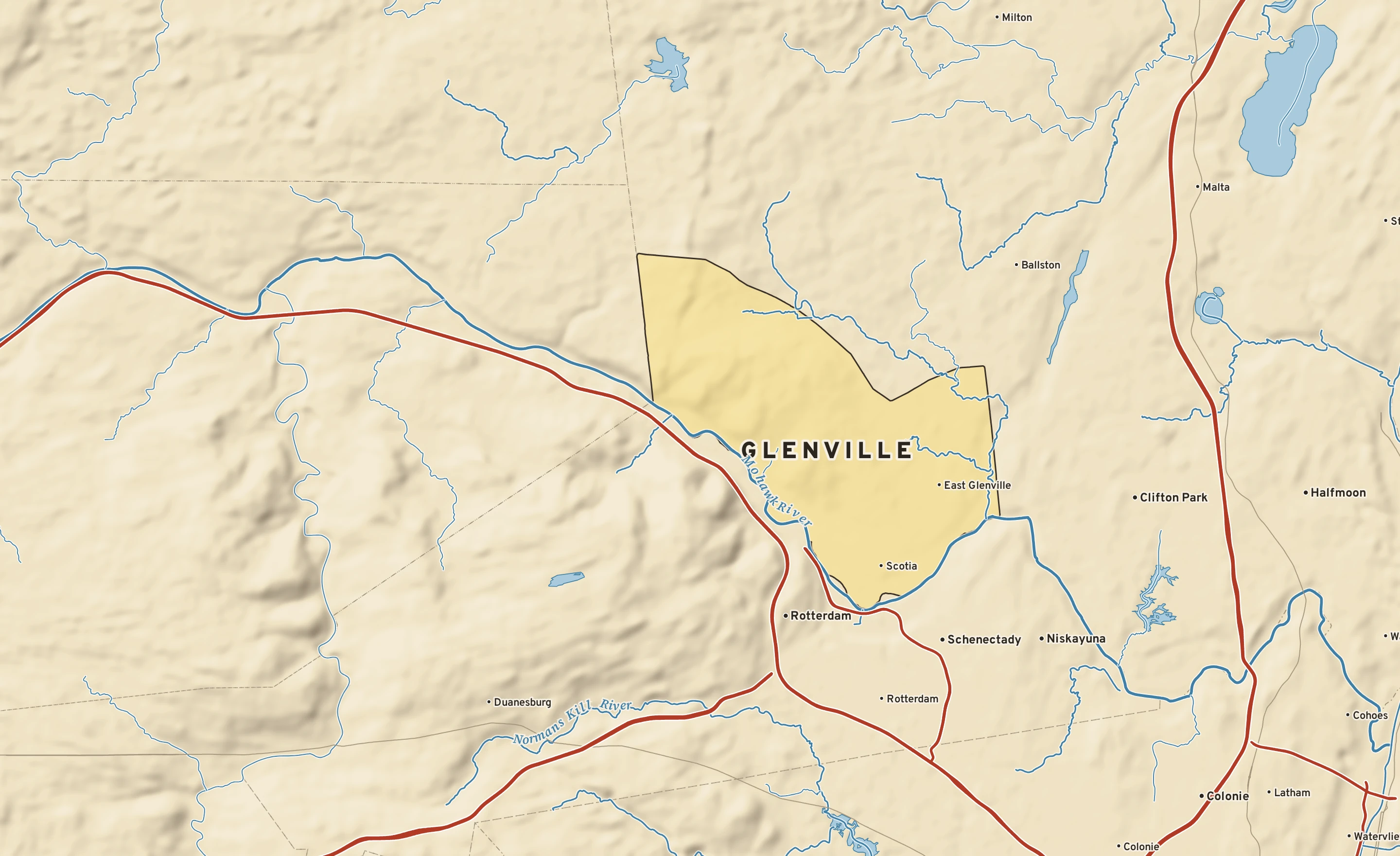 Shaded-relief atlas plate of Glenville, New York: rivers, roads, the city limits and where the water drains.
