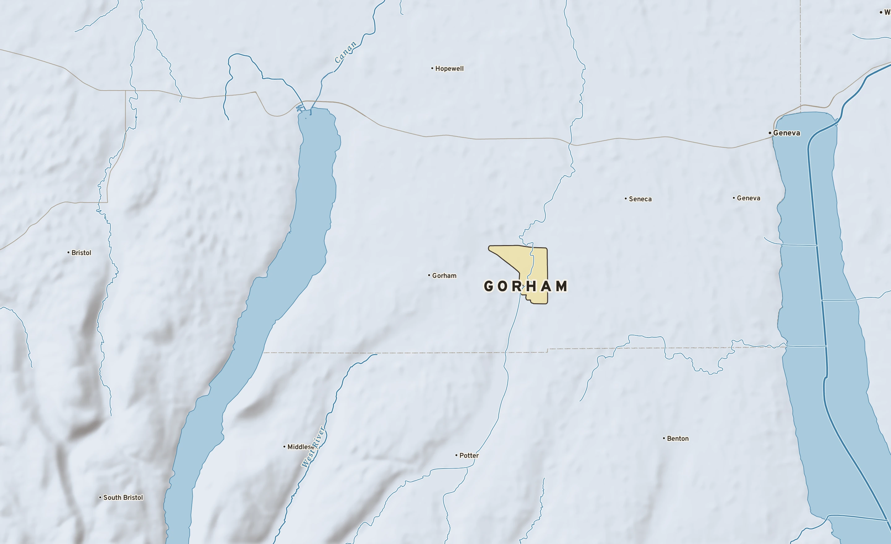 Shaded-relief atlas plate of Gorham, New York: rivers, roads, the city limits and where the water drains.