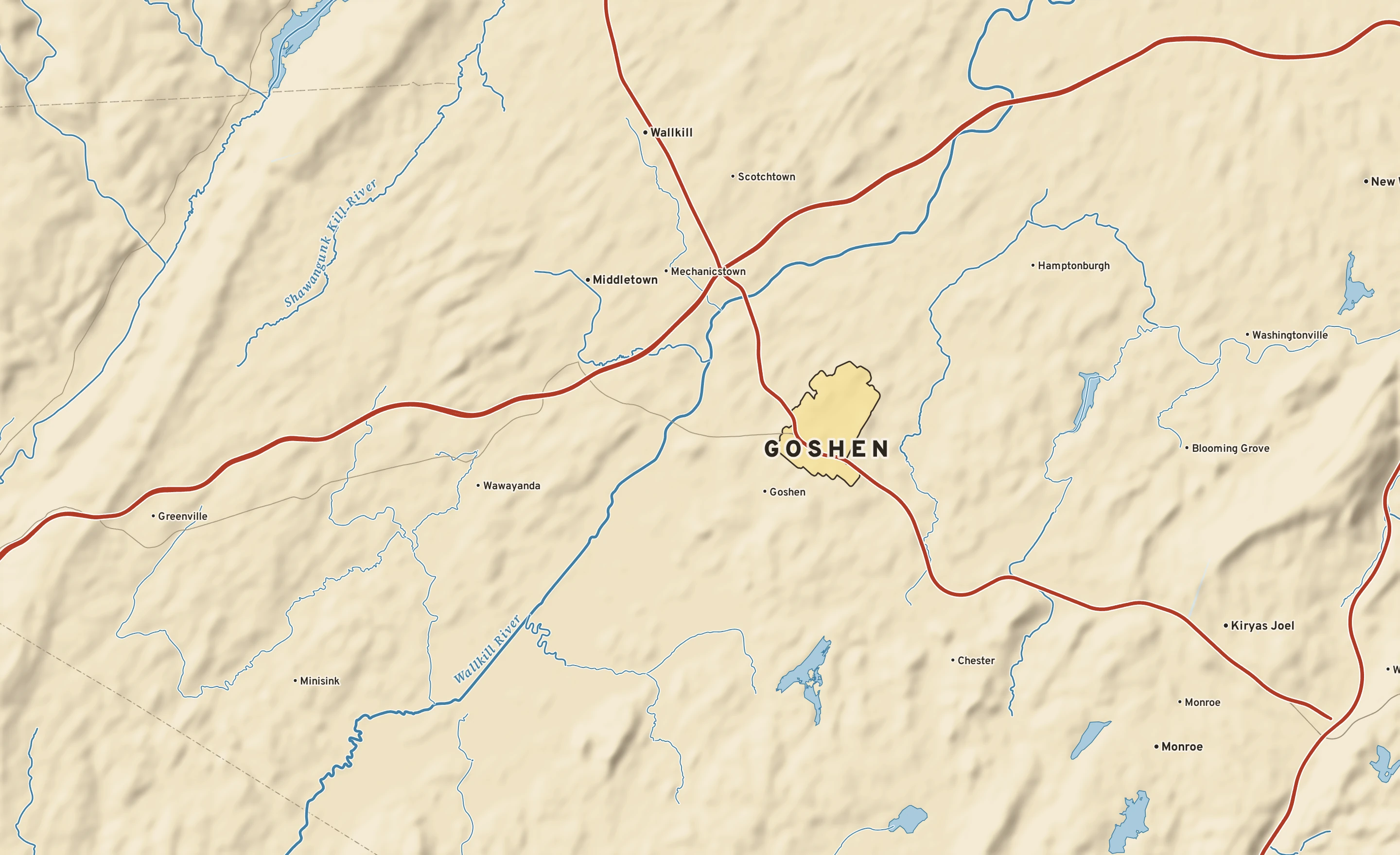 Shaded-relief atlas plate of Goshen, New York: rivers, roads, the city limits and where the water drains.