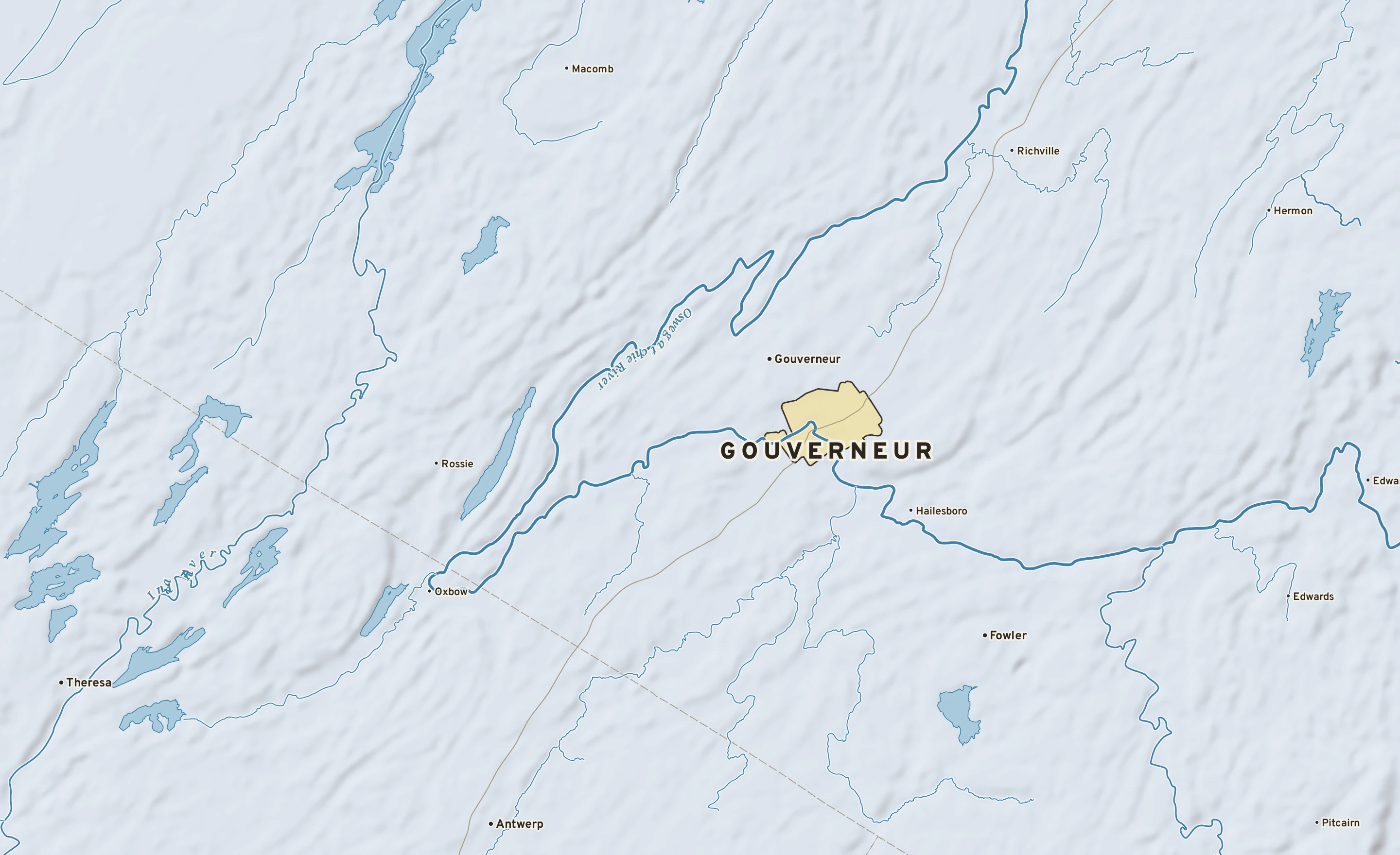 Shaded-relief atlas plate of Gouverneur, New York: rivers, roads, the city limits and where the water drains.
