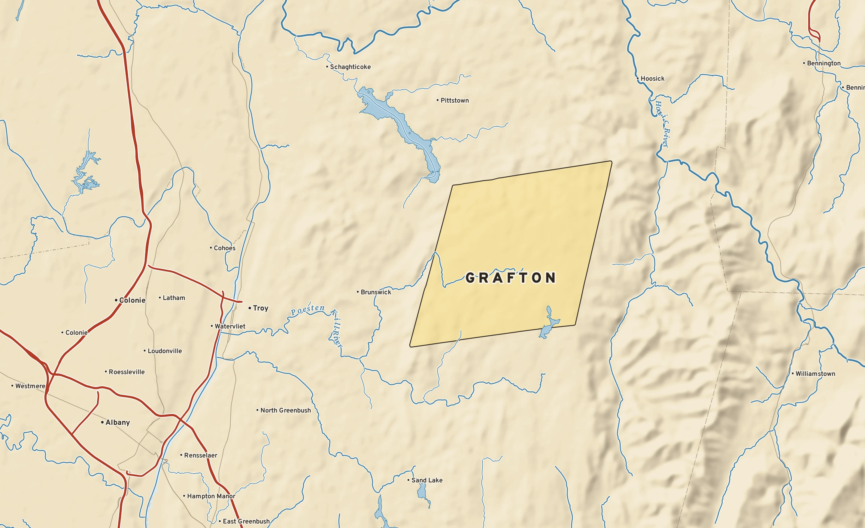 Shaded-relief atlas plate of Grafton, New York: rivers, roads, the city limits and where the water drains.