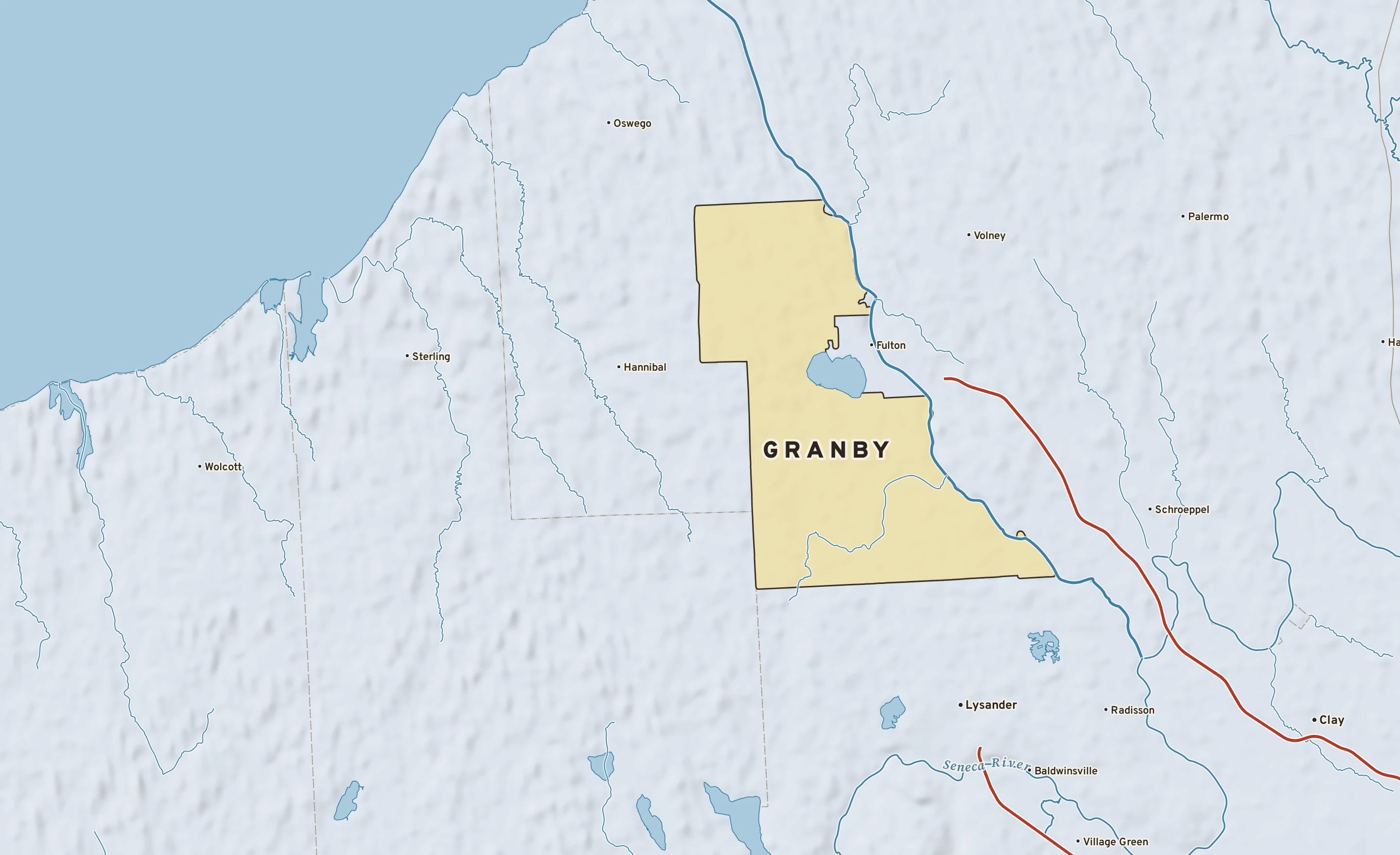 Shaded-relief atlas plate of Granby, New York: rivers, roads, the city limits and where the water drains.