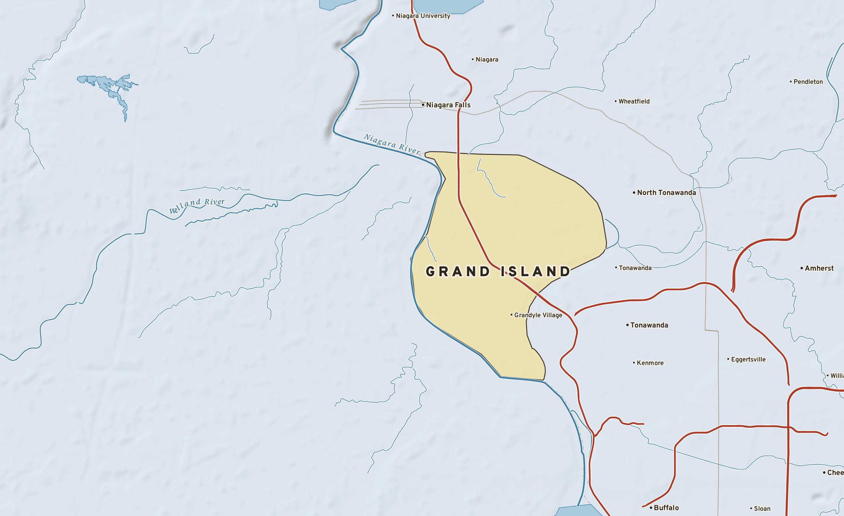 Shaded-relief atlas plate of Grand Island, New York: rivers, roads, the city limits and where the water drains.