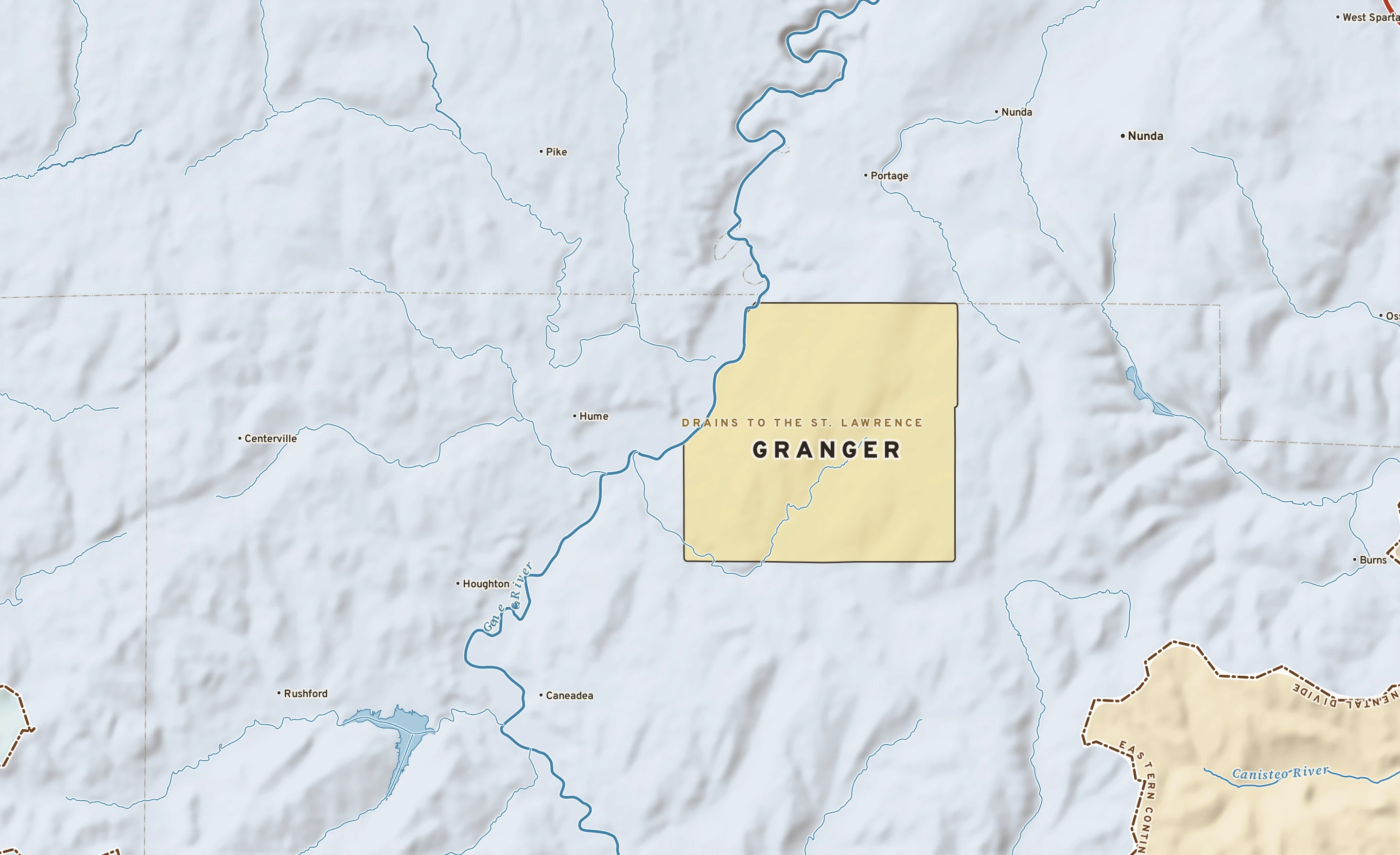 Shaded-relief atlas plate of Granger, New York: rivers, roads, the city limits and where the water drains.