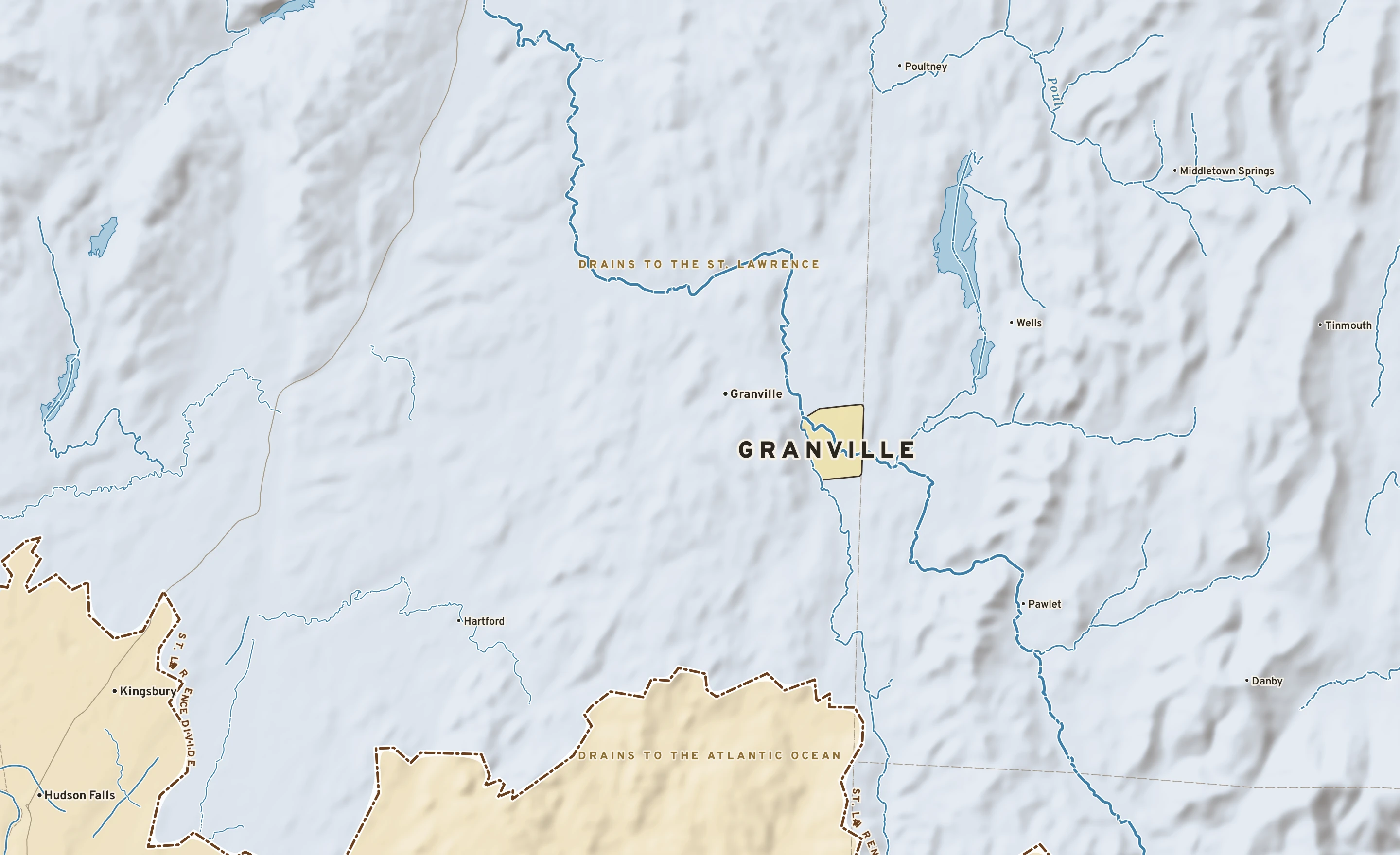 Shaded-relief atlas plate of Granville, New York: rivers, roads, the city limits and where the water drains.