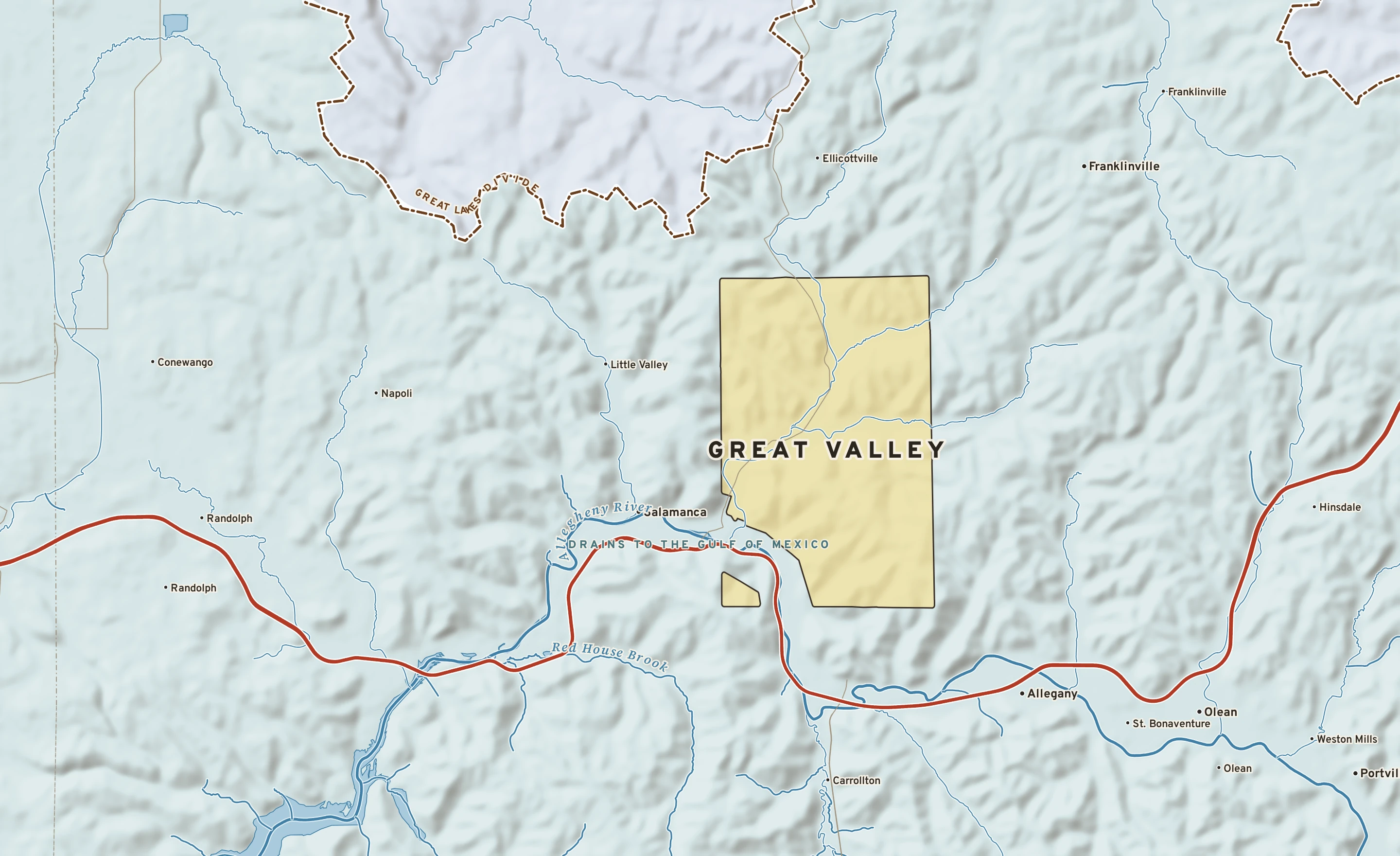 Shaded-relief atlas plate of Great Valley, New York: rivers, roads, the city limits and where the water drains.