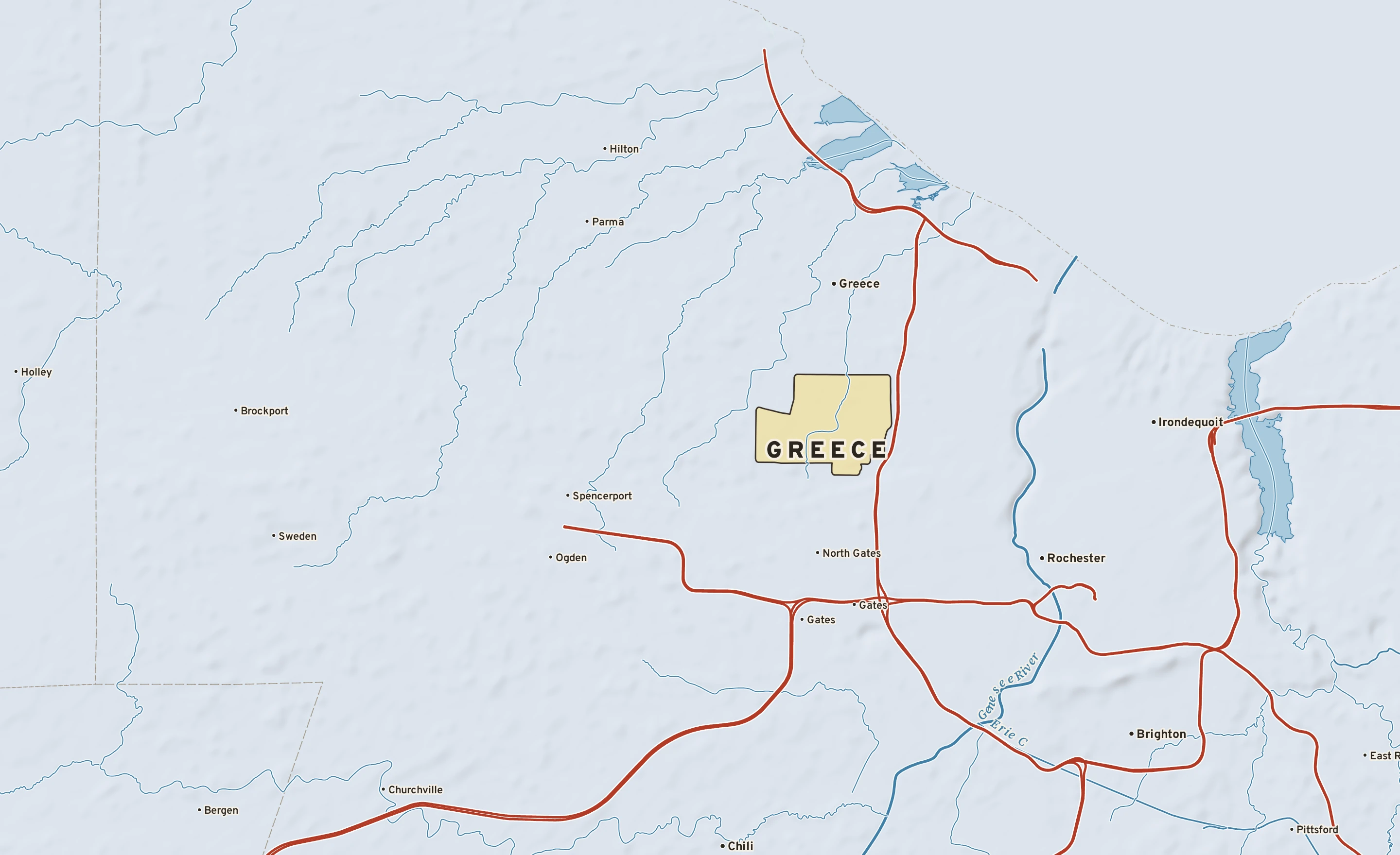 Shaded-relief atlas plate of Greece, New York: rivers, roads, the city limits and where the water drains.