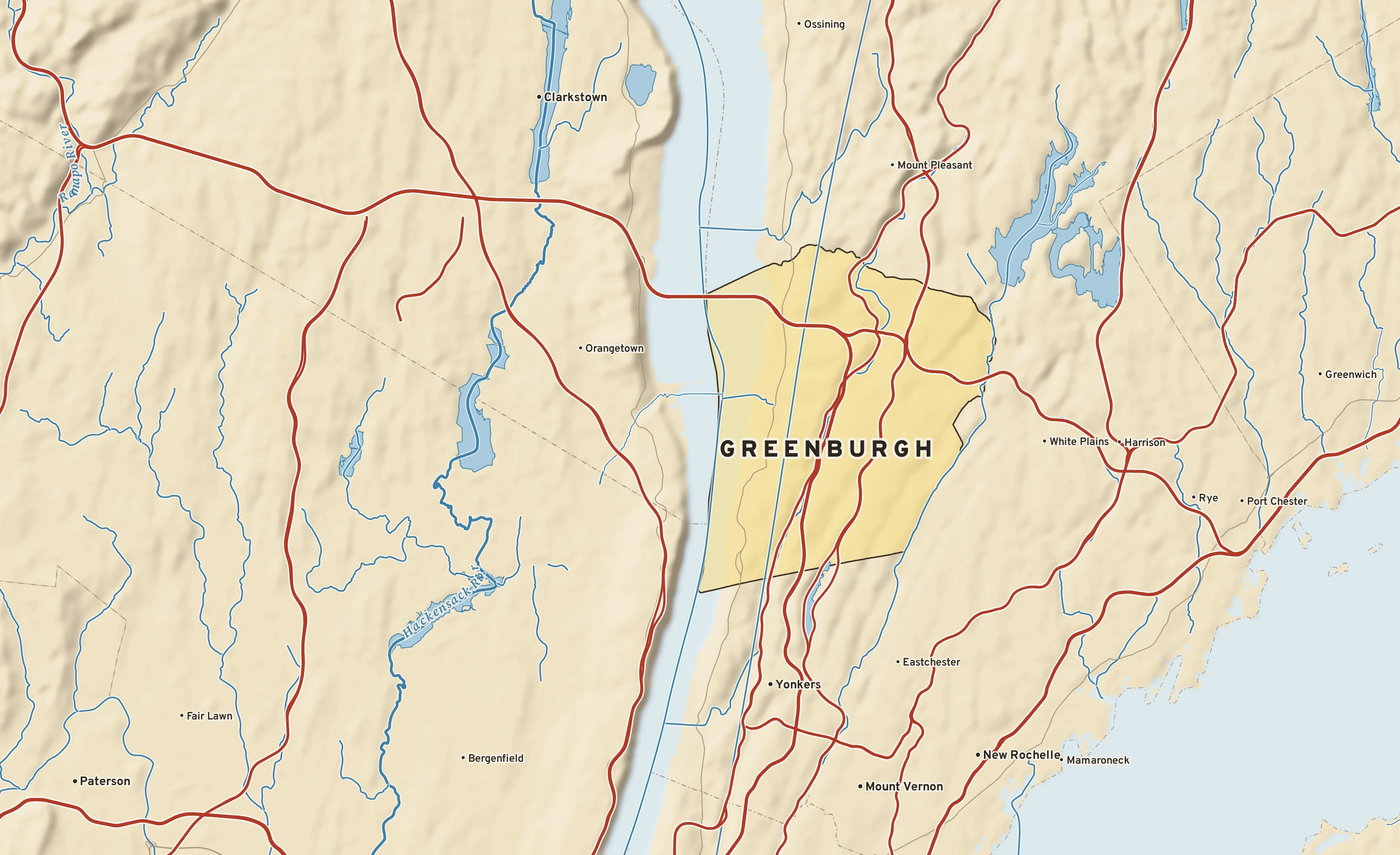Shaded-relief atlas plate of Greenburgh, New York: rivers, roads, the city limits and where the water drains.