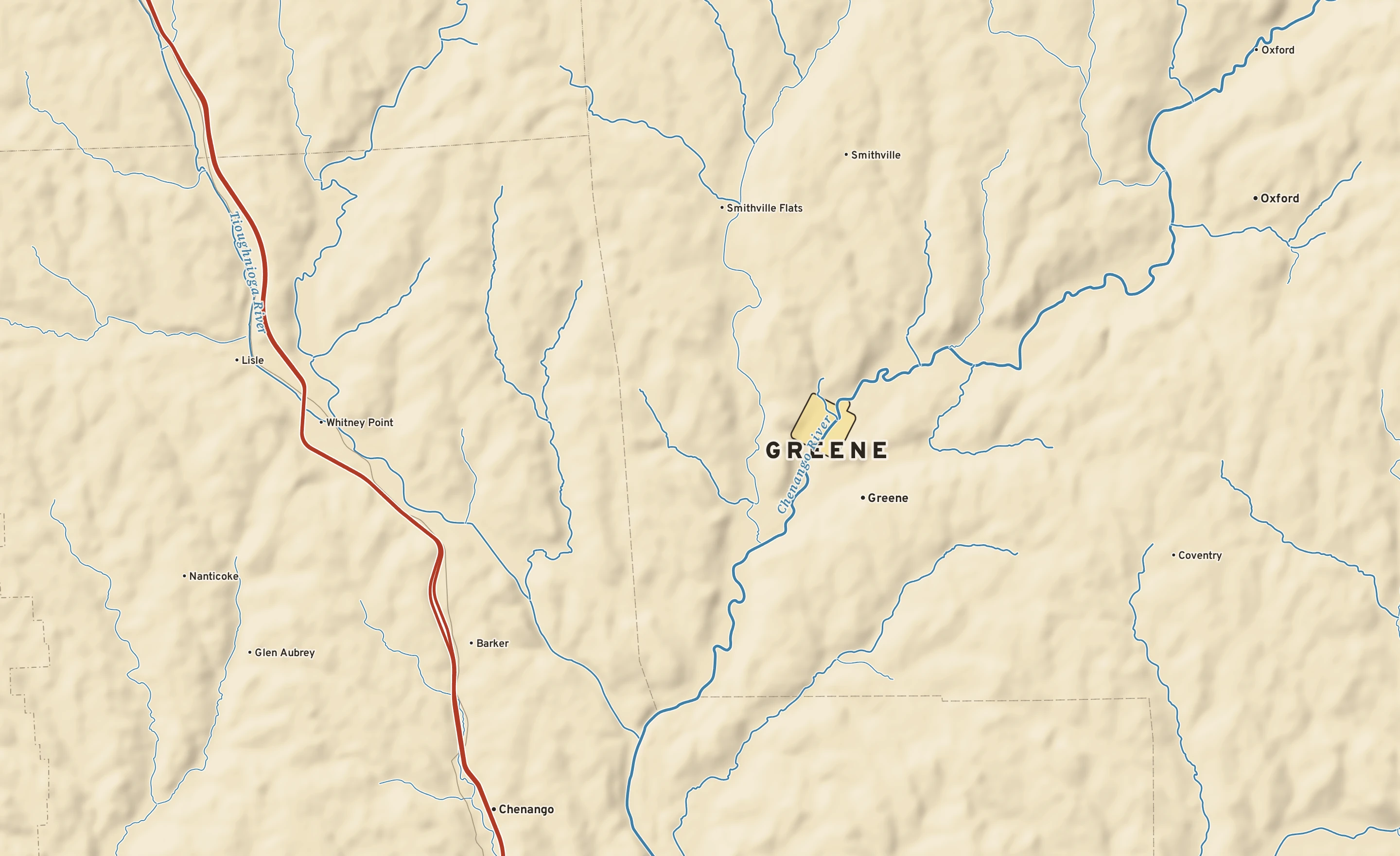Shaded-relief atlas plate of Greene, New York: rivers, roads, the city limits and where the water drains.