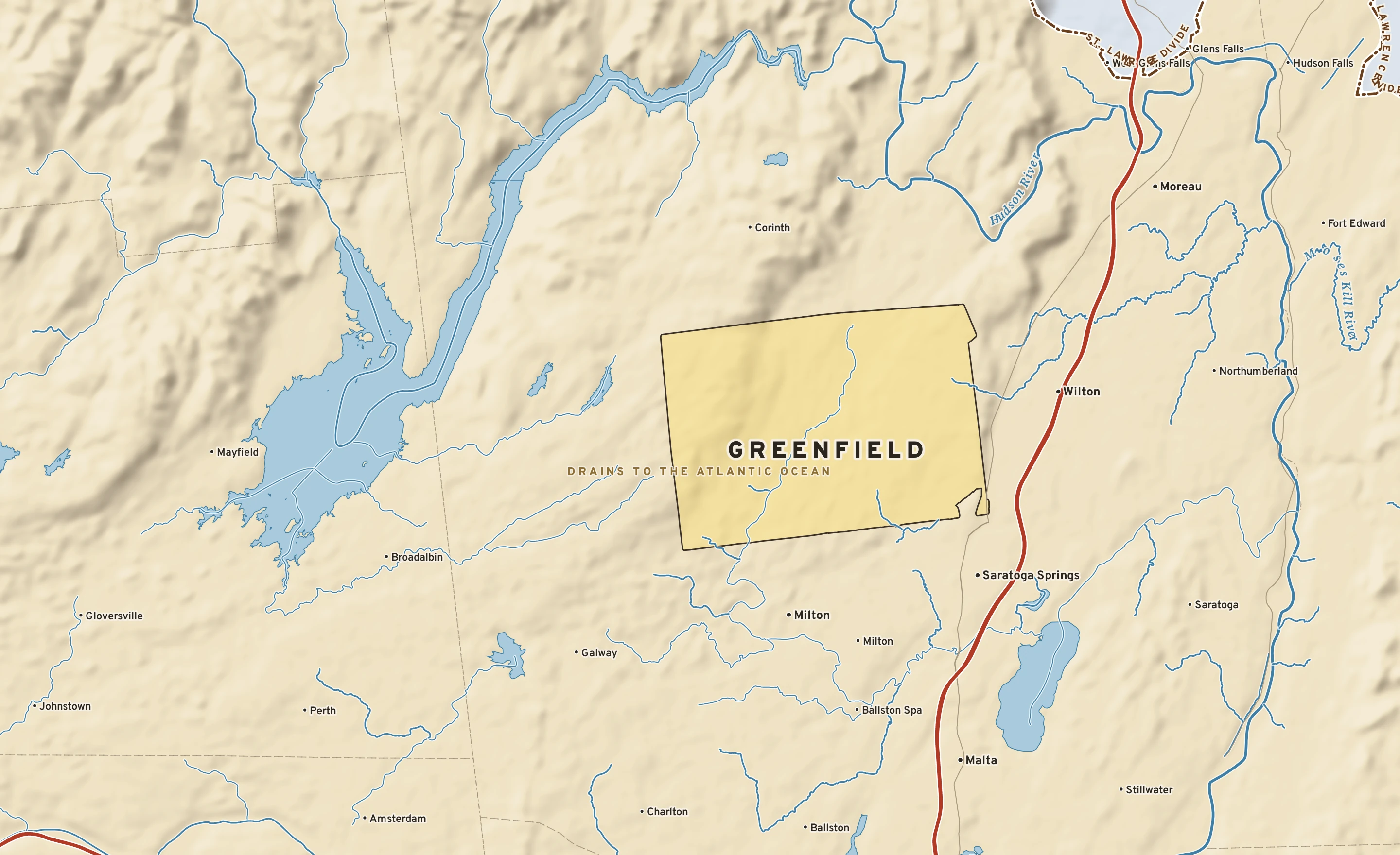 Shaded-relief atlas plate of Greenfield, New York: rivers, roads, the city limits and where the water drains.