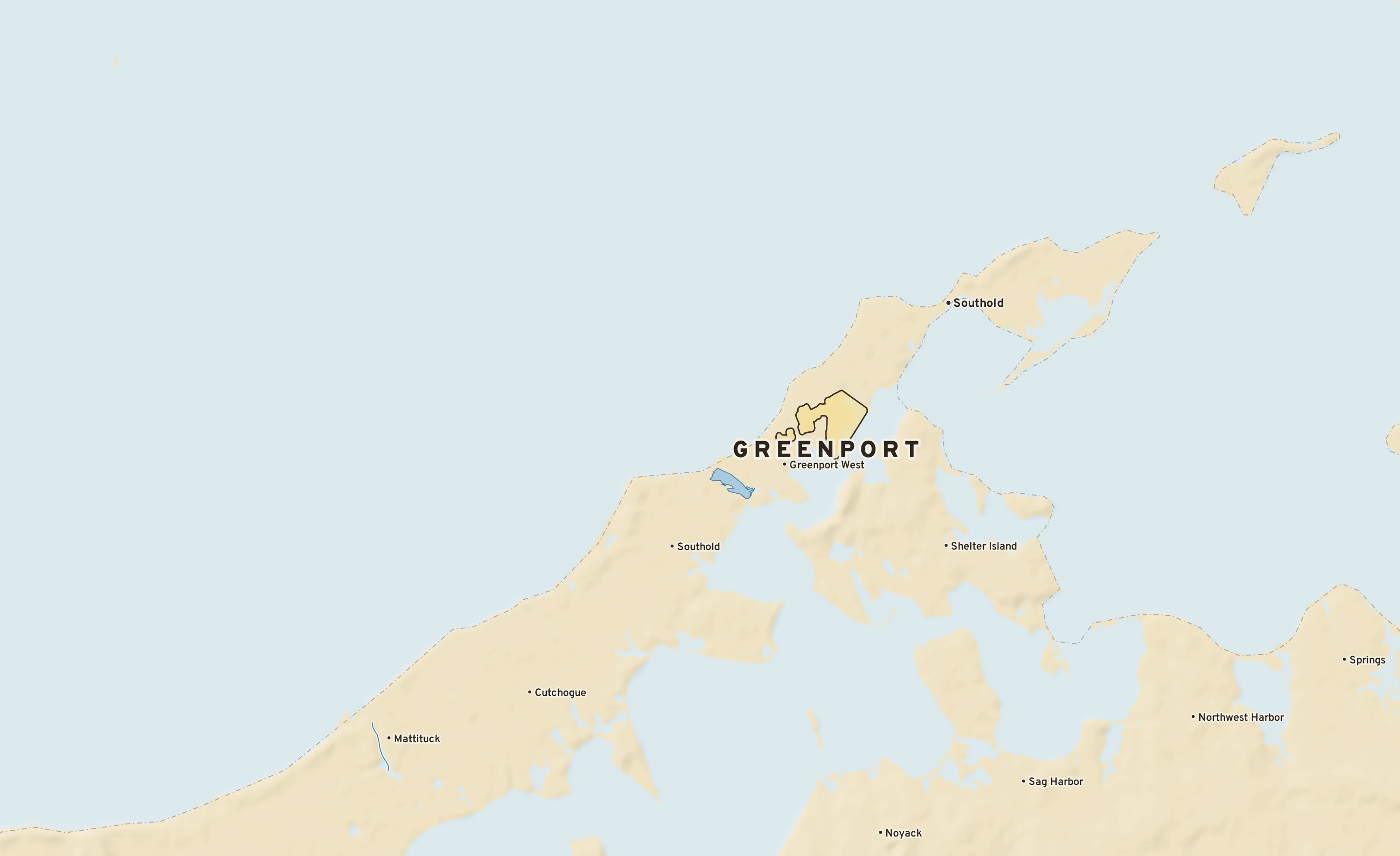 Shaded-relief atlas plate of Greenport, New York: rivers, roads, the city limits and where the water drains.
