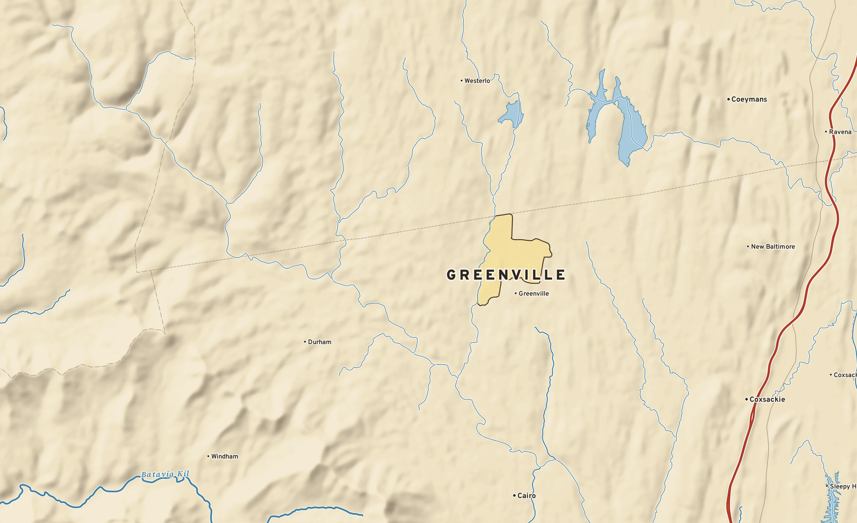 Shaded-relief atlas plate of Greenville, New York: rivers, roads, the city limits and where the water drains.