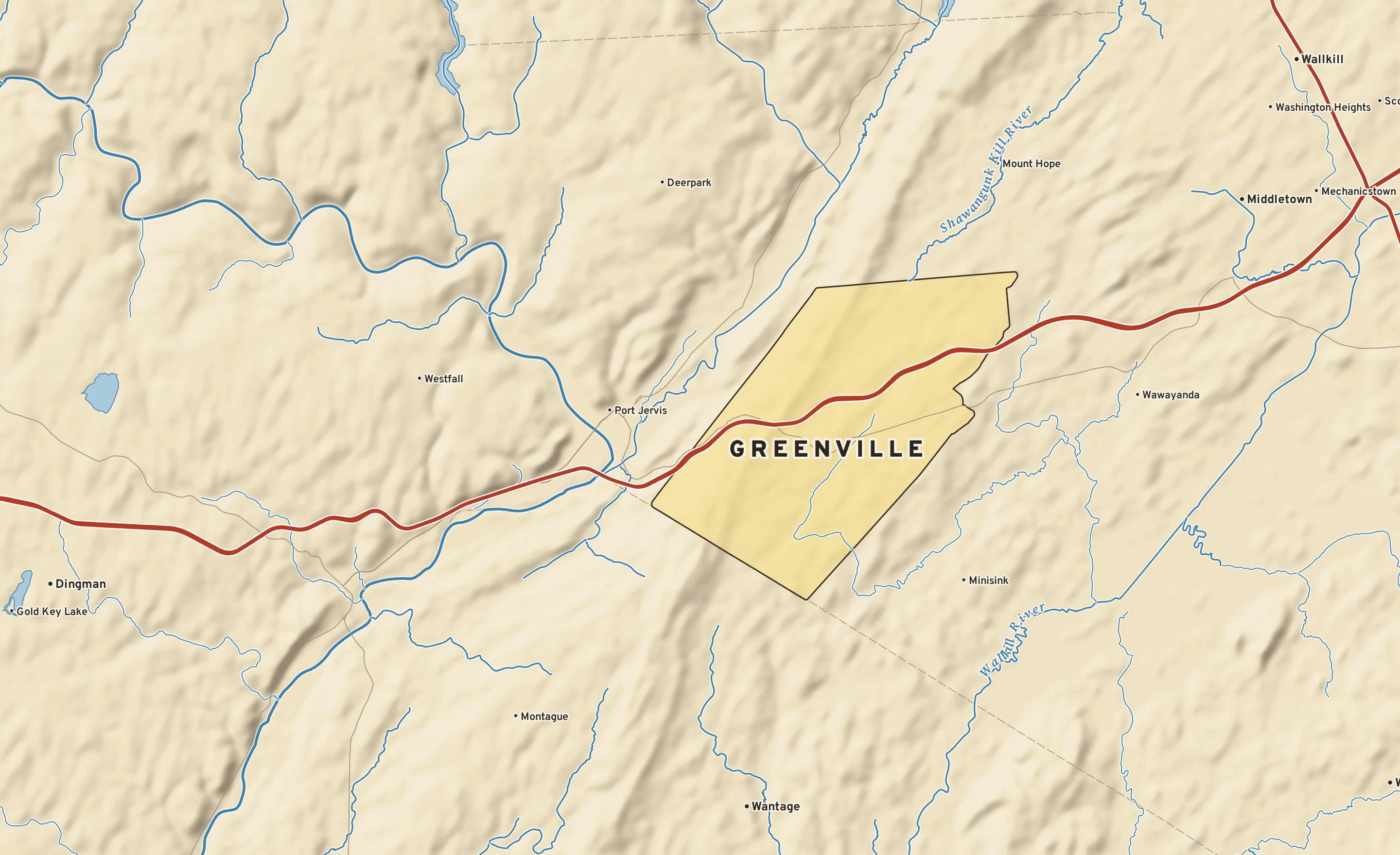 Shaded-relief atlas plate of Greenville, New York: rivers, roads, the city limits and where the water drains.