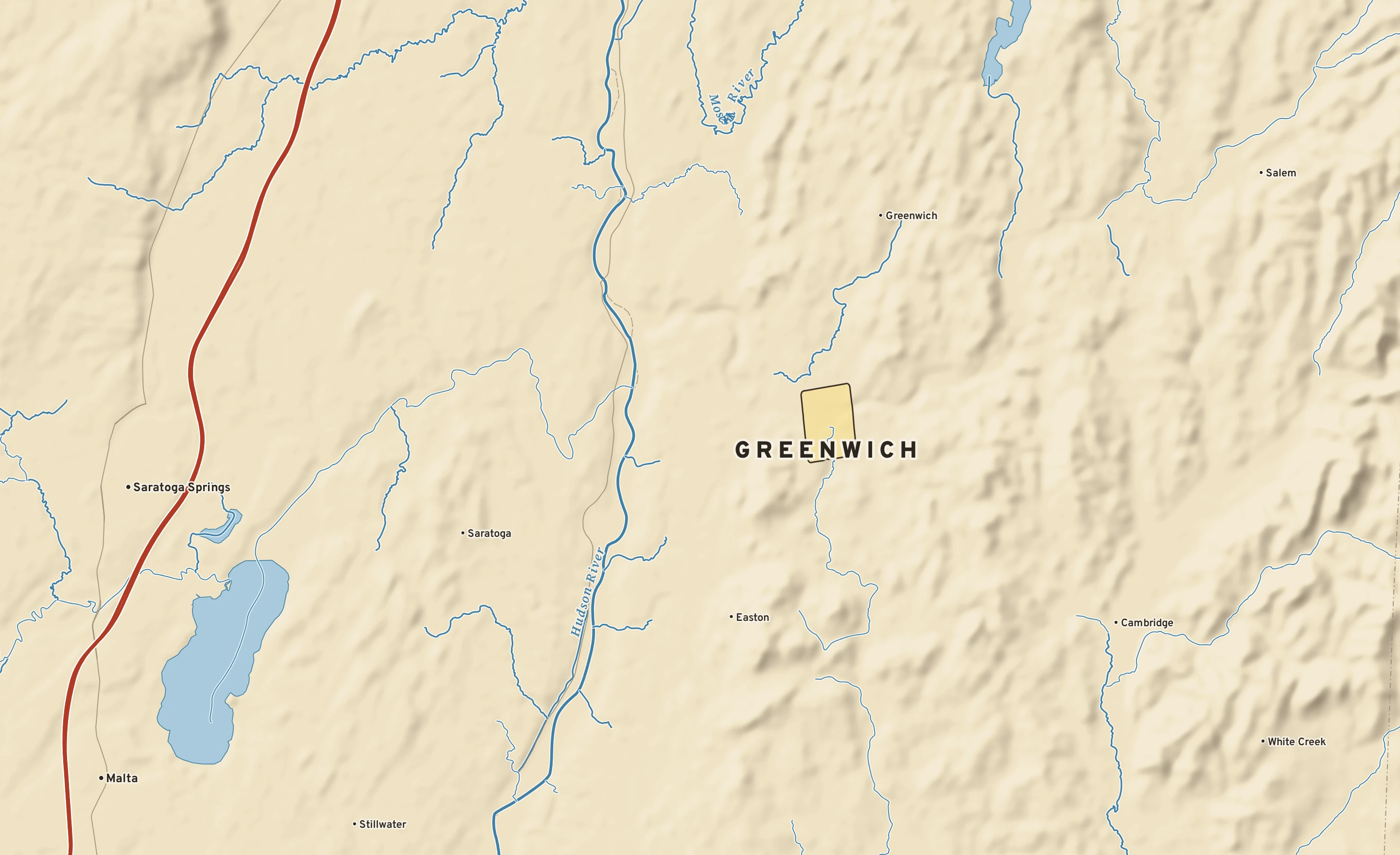 Shaded-relief atlas plate of Greenwich, New York: rivers, roads, the city limits and where the water drains.