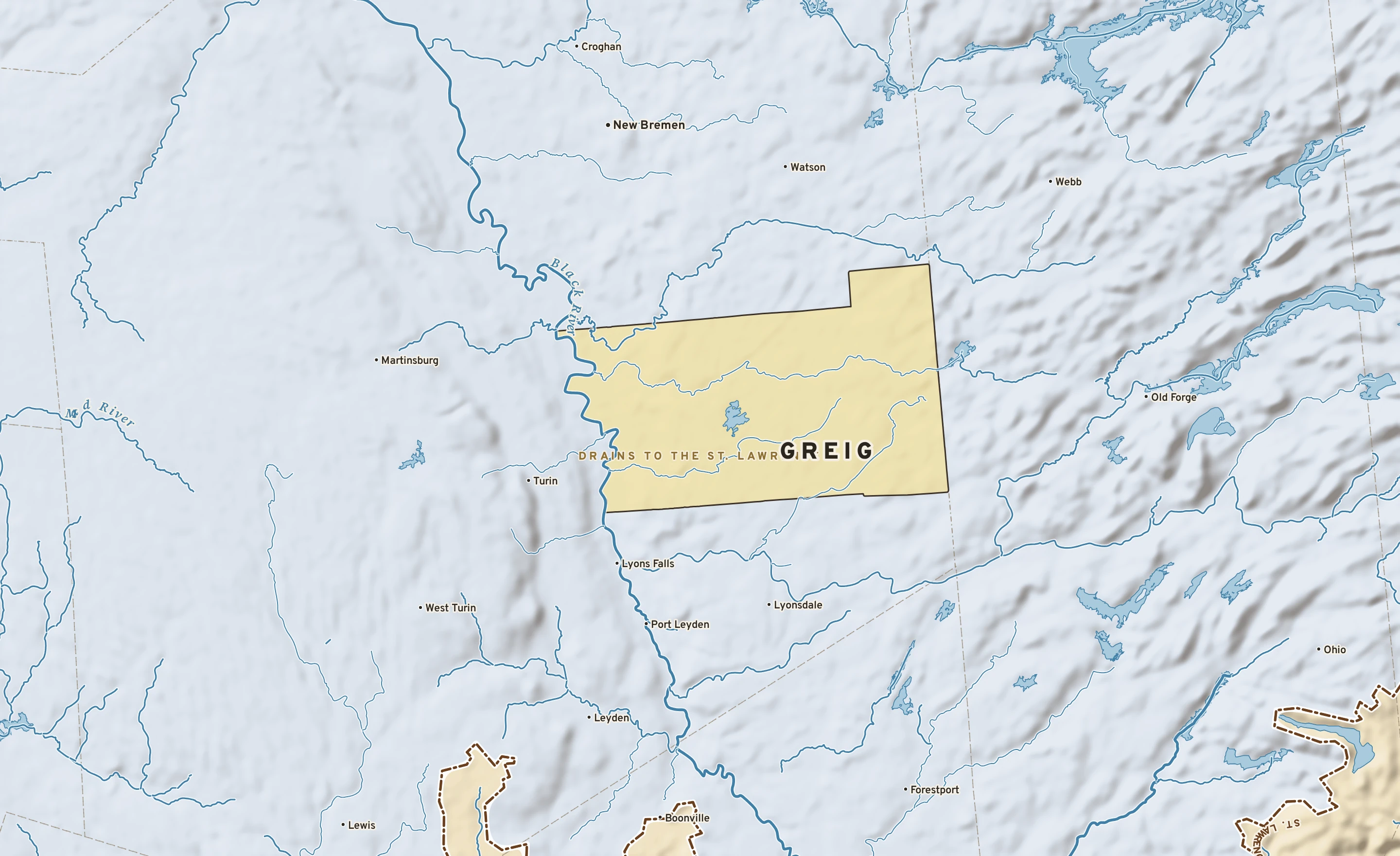 Shaded-relief atlas plate of Greig, New York: rivers, roads, the city limits and where the water drains.