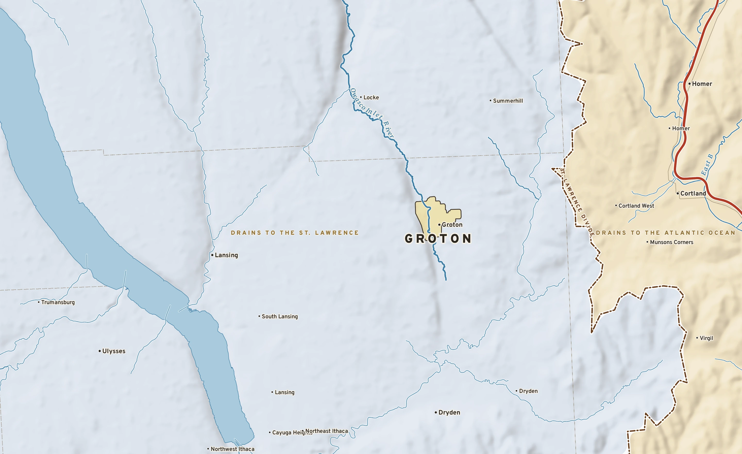 Shaded-relief atlas plate of Groton, New York: rivers, roads, the city limits and where the water drains.