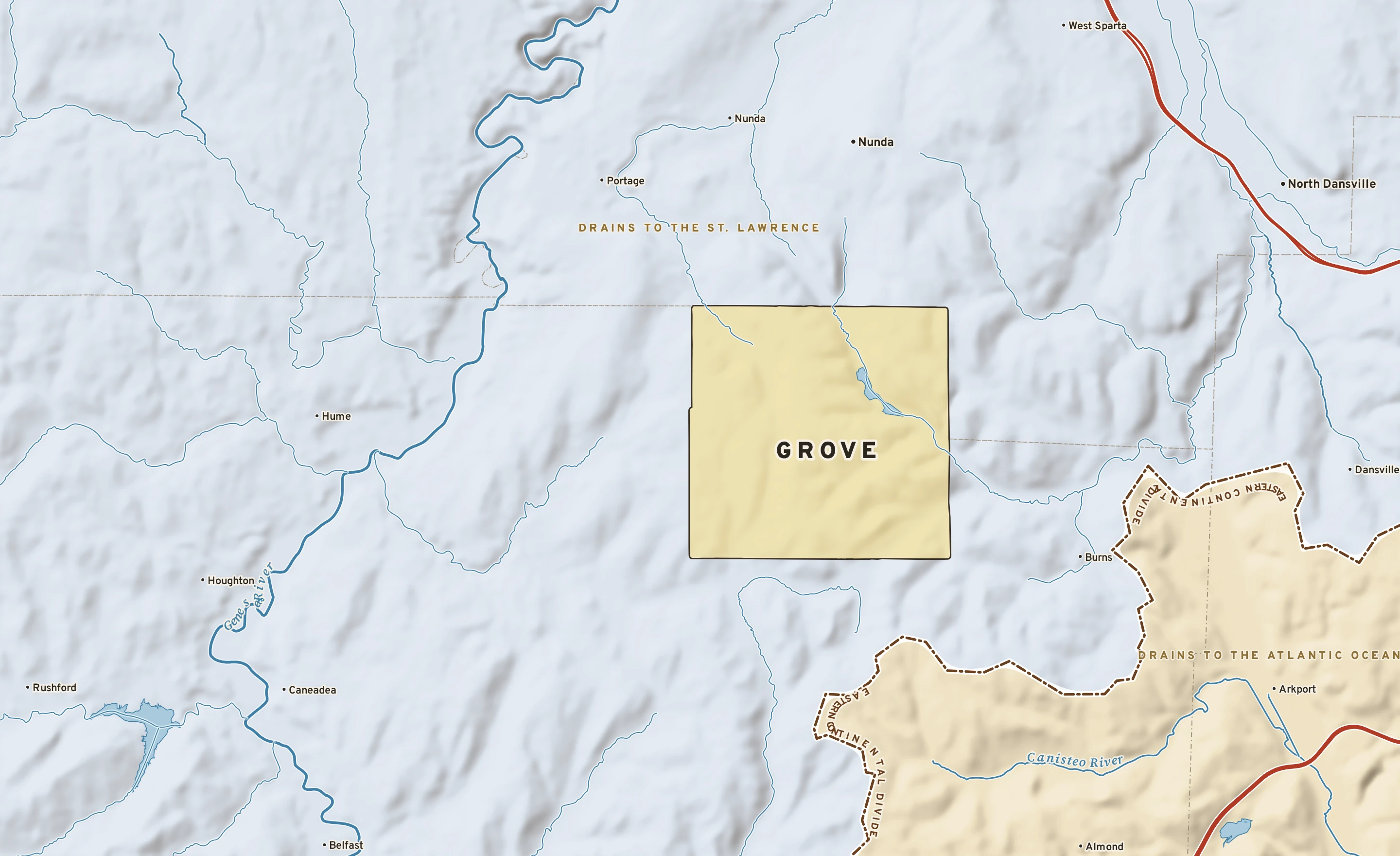 Shaded-relief atlas plate of Grove, New York: rivers, roads, the city limits and where the water drains.